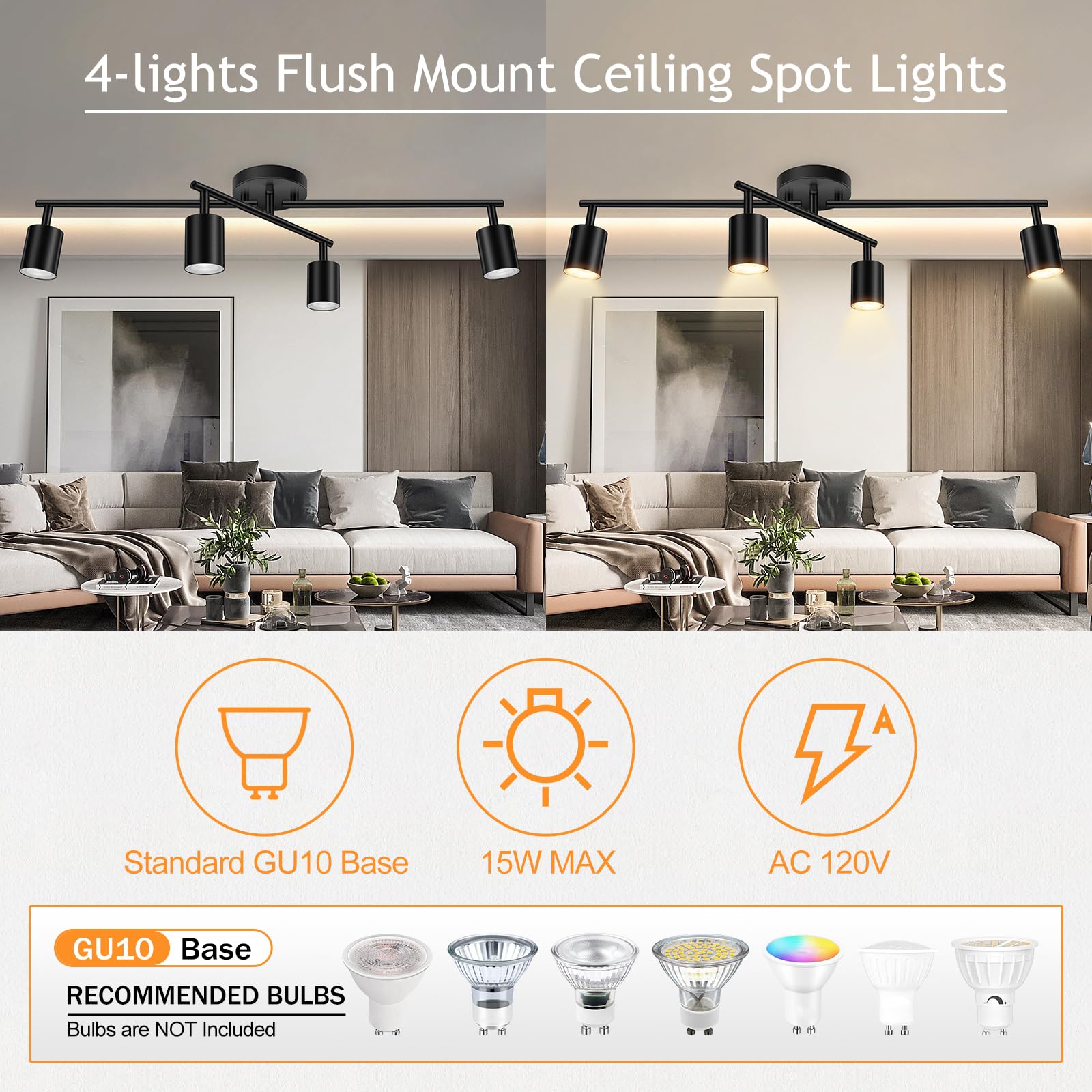 Boostarea 4 Light Track Lighting Kit, Black 4 Way Ceiling Spot Lighting, Center Swivel Track Light Heads, Flexibly Rotatable Lig