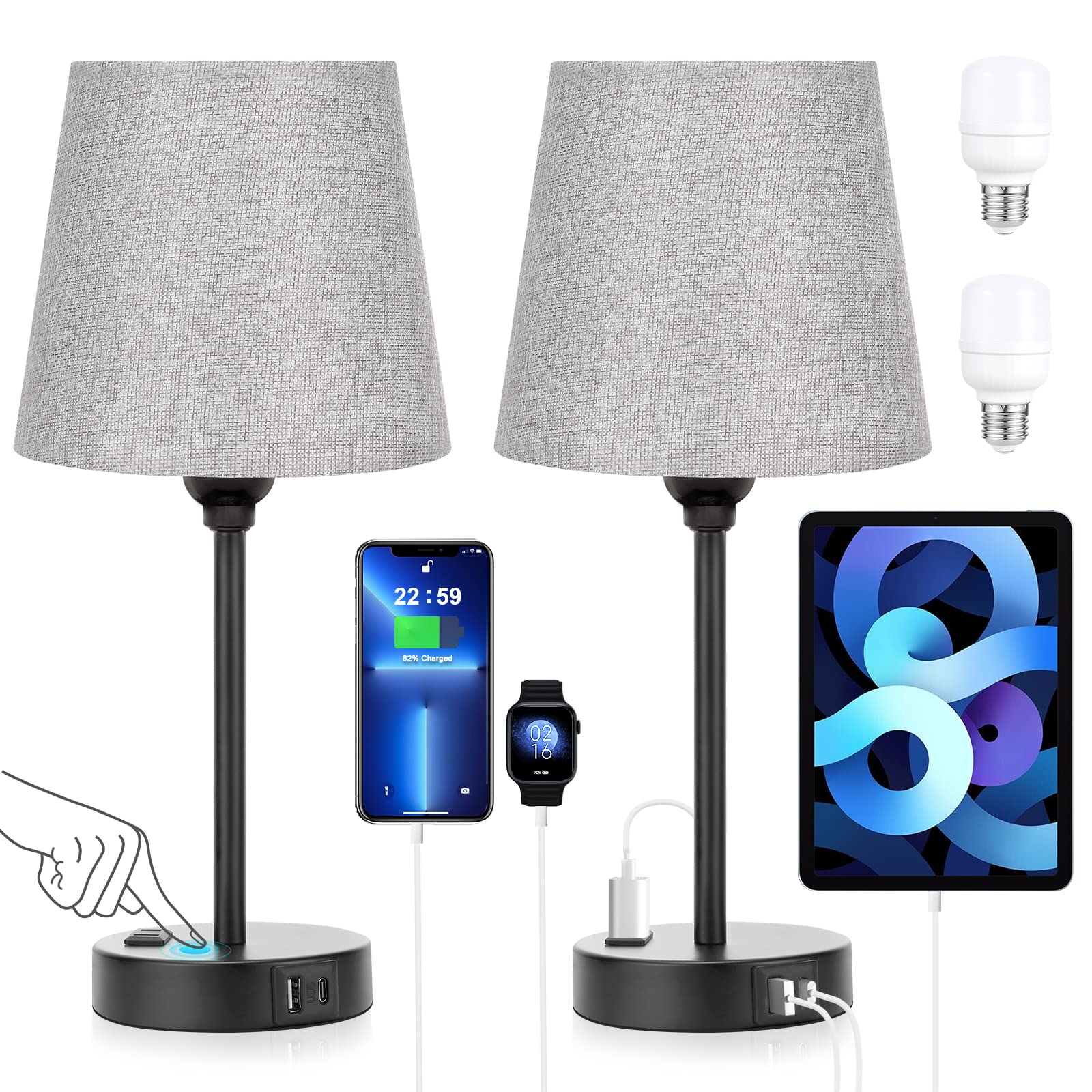 Grey Bedside Lamps for bedrooms Set of 2 - Nightstand Bedroom Lamp with USB C Port and AC Outlet Charging, 3 Way Dimmable Touch 