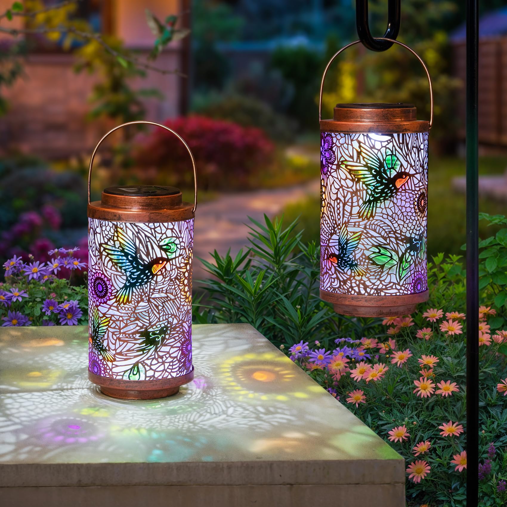 2Pack Solar Lanterns Outdoor Waterproof Hummingbird Gardening Gifts for Women, Multicolor Solar Lights Patio Lantern for Backyar