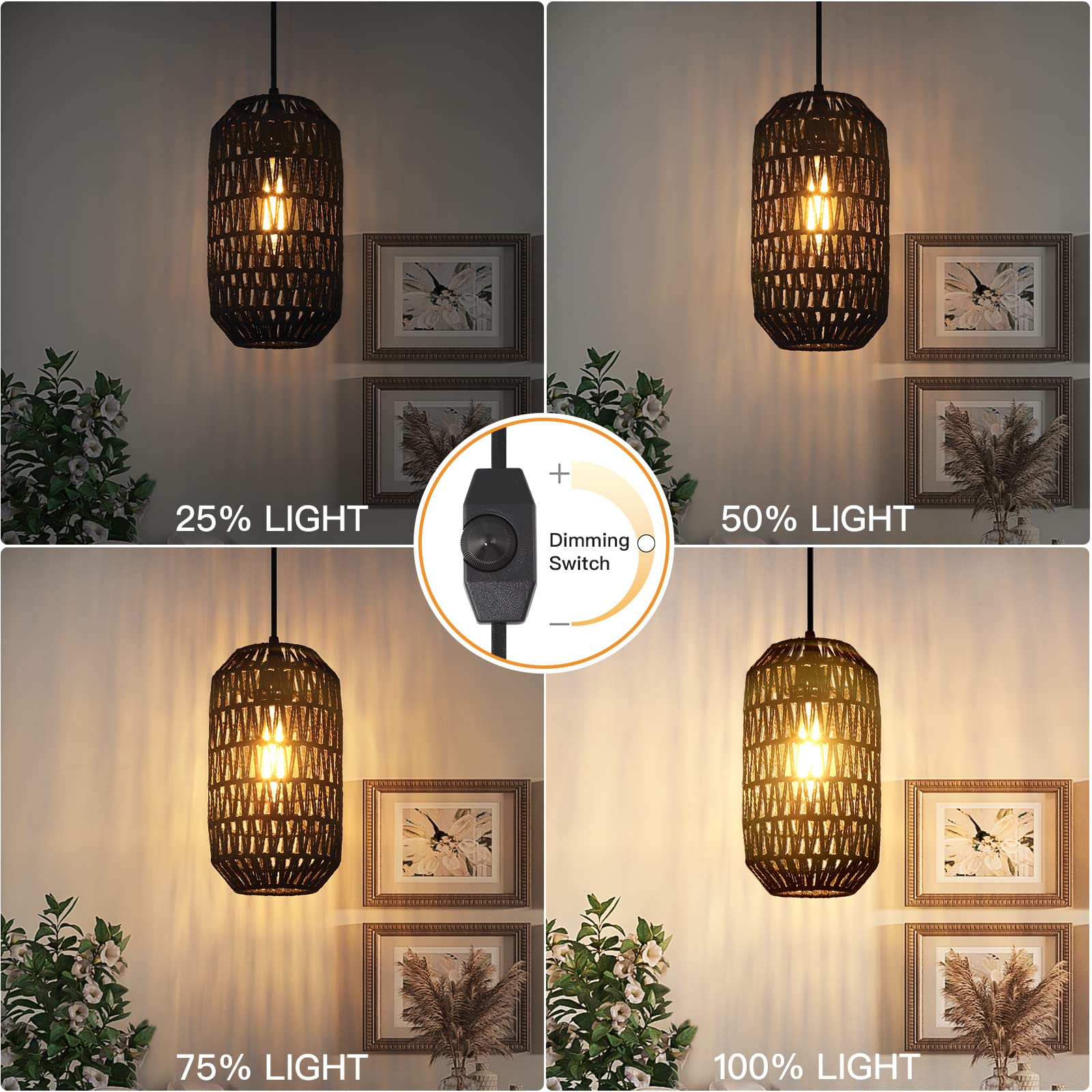 Ruzectt Rattan Pendant Light with 15ft Dimmable Cord, Boho Wicker Hanging Lamp, Black-B, Model DD-RZ-128 for Kitchen & Living Room