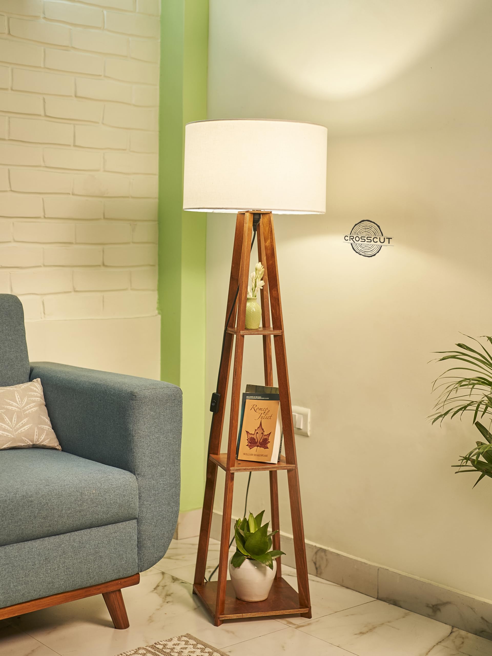 Crosscut Furniture Wooden Floor Lamp with shelf (Cotton White). LED bulb included