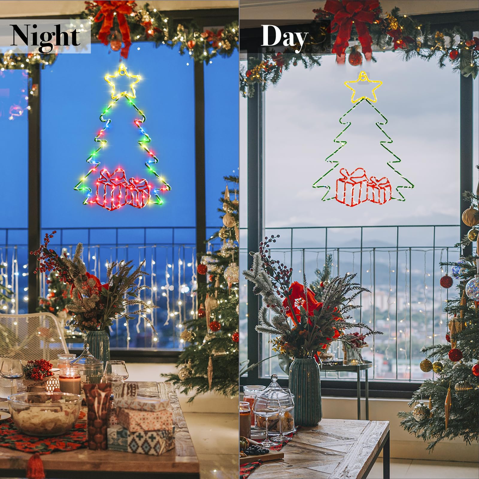 Kopotma 2Ft Large Christmas Decorations Tree Led Lights With Timer, Christmas Tree Window Silhouette Lights Decorations, Christmas Wall Window Hanging Lights For Indoor Outdoor