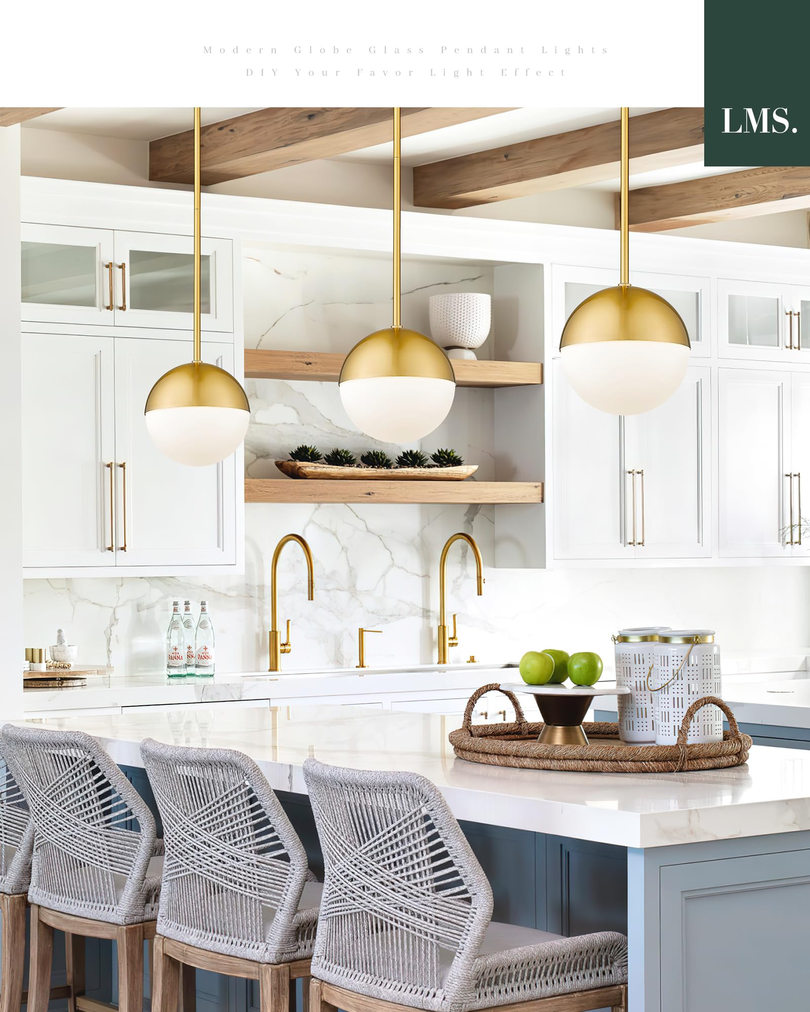 LMS Brushed Gold Pendant Lights 2-Pack, Adjustable Milky Globe Glass Shade, 8" for Kitchen Island & Dining Room