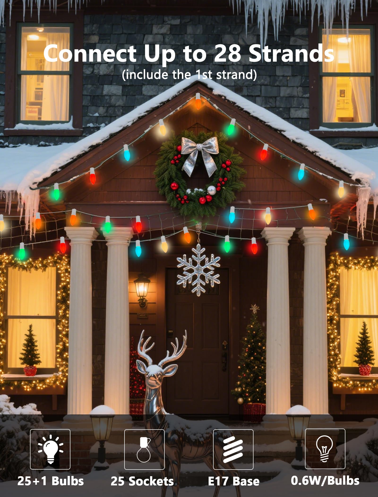 25Ft C9 Led Christmas Lights Outdoor  Vintage Christmas String Light Plug In With 26 Shatterproof C9 Multicolor Bulbs Christmas Decorations Lights For Christmas Tree Patio Roofline Party  White Wire