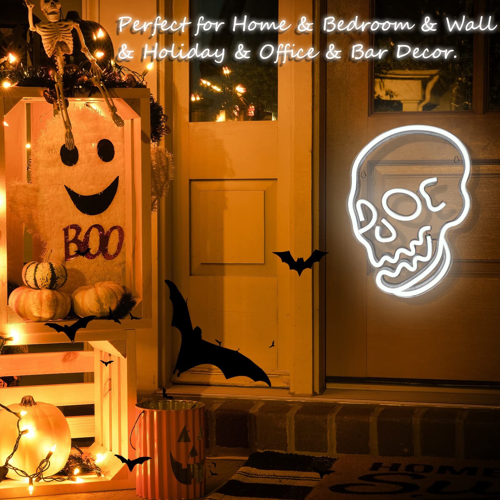 BerniceKelly Halloween Skull Neon Sign, White LED Acrylic Wall Light, Model ZXJ-96