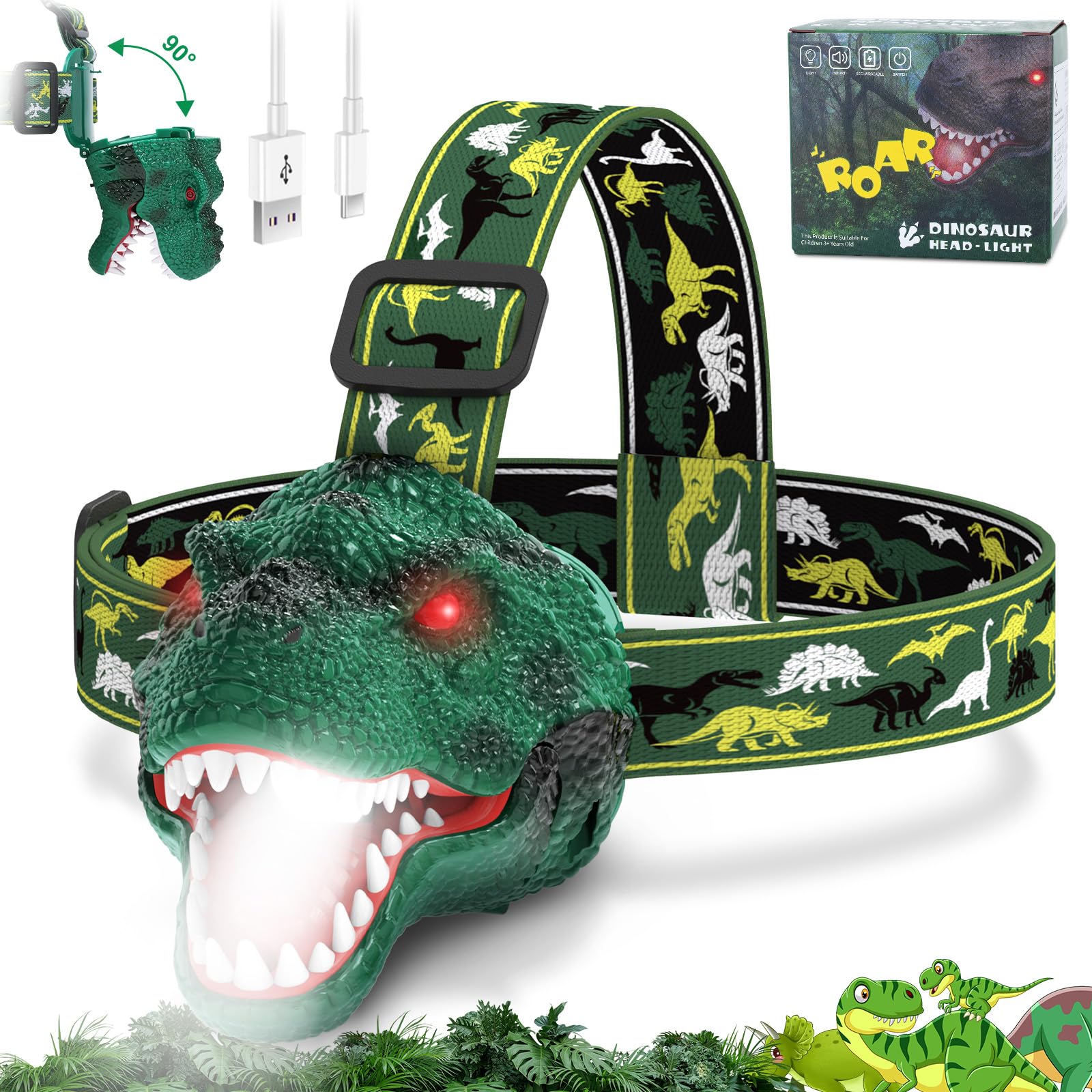 Nitigo Dinosaur Headlamp for Kids Flashlight Rechargeable Led Headlights Roar & Silent Mode, T-Rex Dinosaur Toys for Kids 3-5 4-6 5-7 6-8, Camping Gear, Gifts for Boys Girls Adults