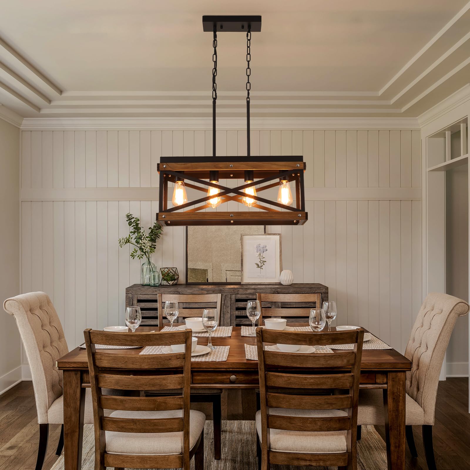 Rustic Farmhouse Wood Kitchen Island Lighting  4 Lights Rectangular Pendant Light Fixture  Adjustable Chain Oak Wood And Metal Linear Chandelier For Dining Room Kitchen Island Farmhouse  Black