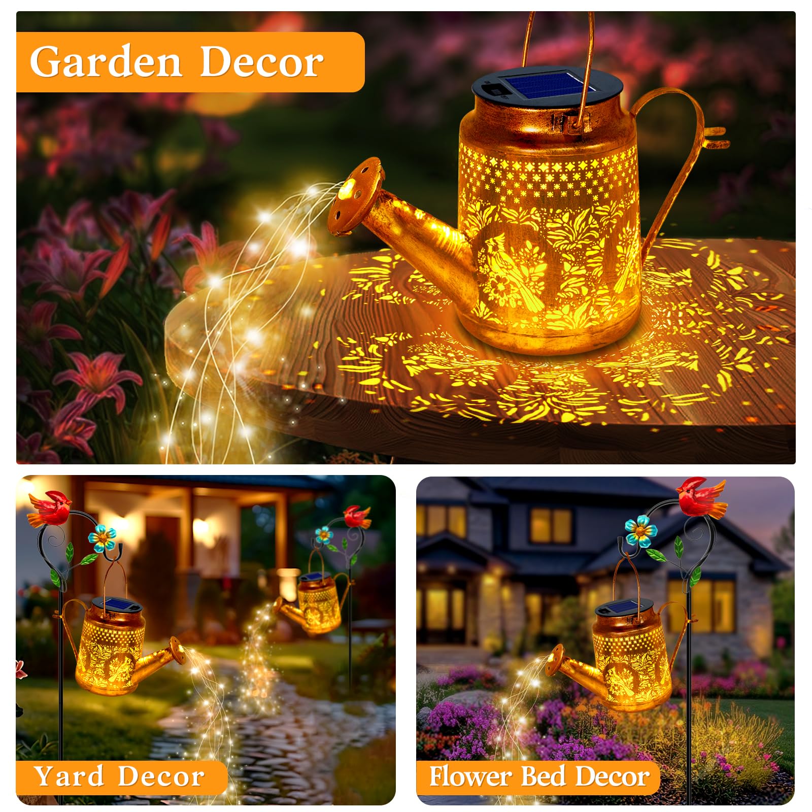 Solar Lights Outdoor Garden Decor, Cardinals Hanging Waterproof Watering Can Lights Outside Decorations For Yard Front Porch Pat