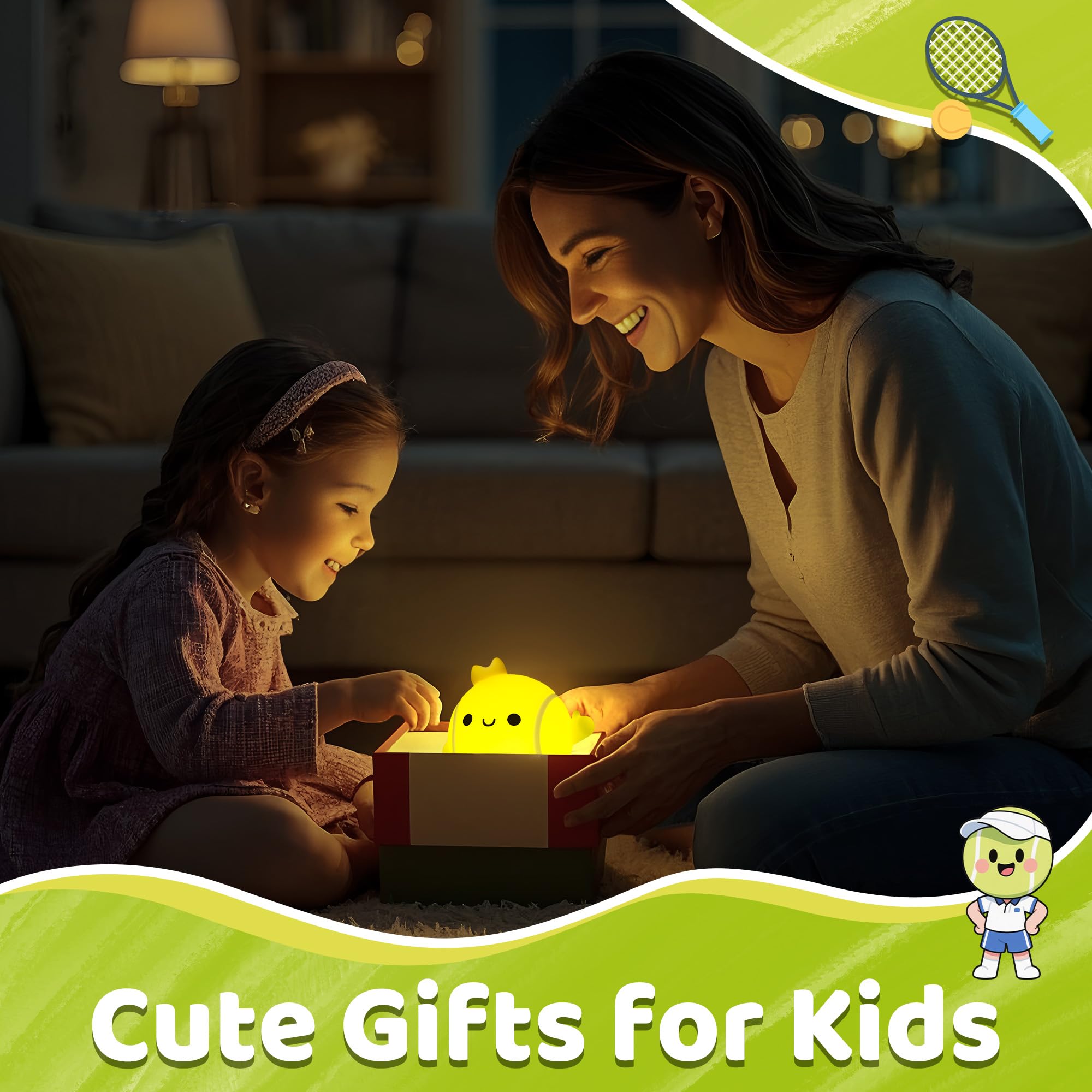 Attivolife Tennis Night Light - Rechargeable LED Touch Lamp, Green Tennis, Silicone, Model FS-FULE01, Perfect Gift for Kids and Athletes