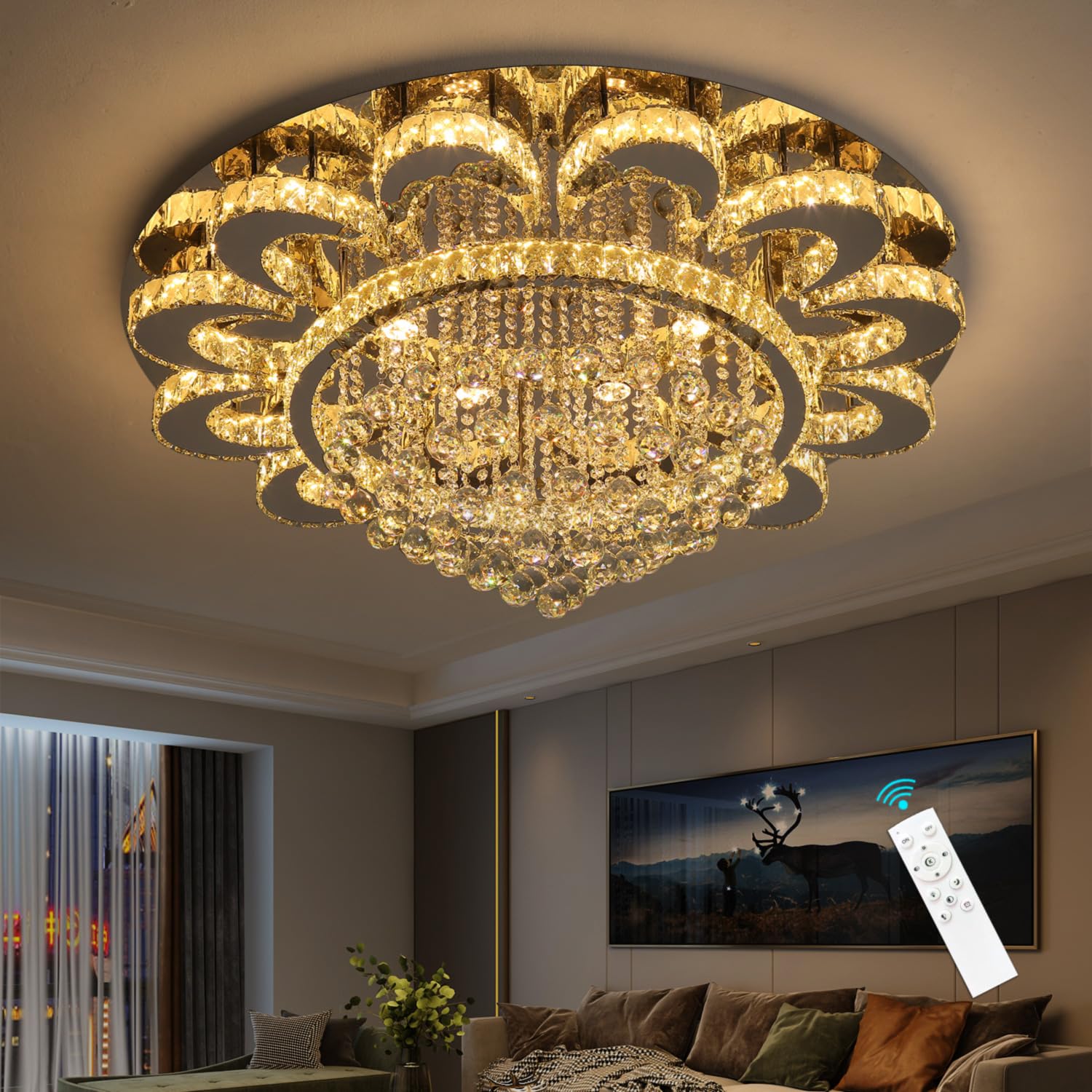 HAIXIANG Modern Chandelier Living Room Light Glam Chandeliers Ceiling Light Fixture Remote Dimmable Lights 40 Inches Elegant Crystal Silver Dining Room Lights