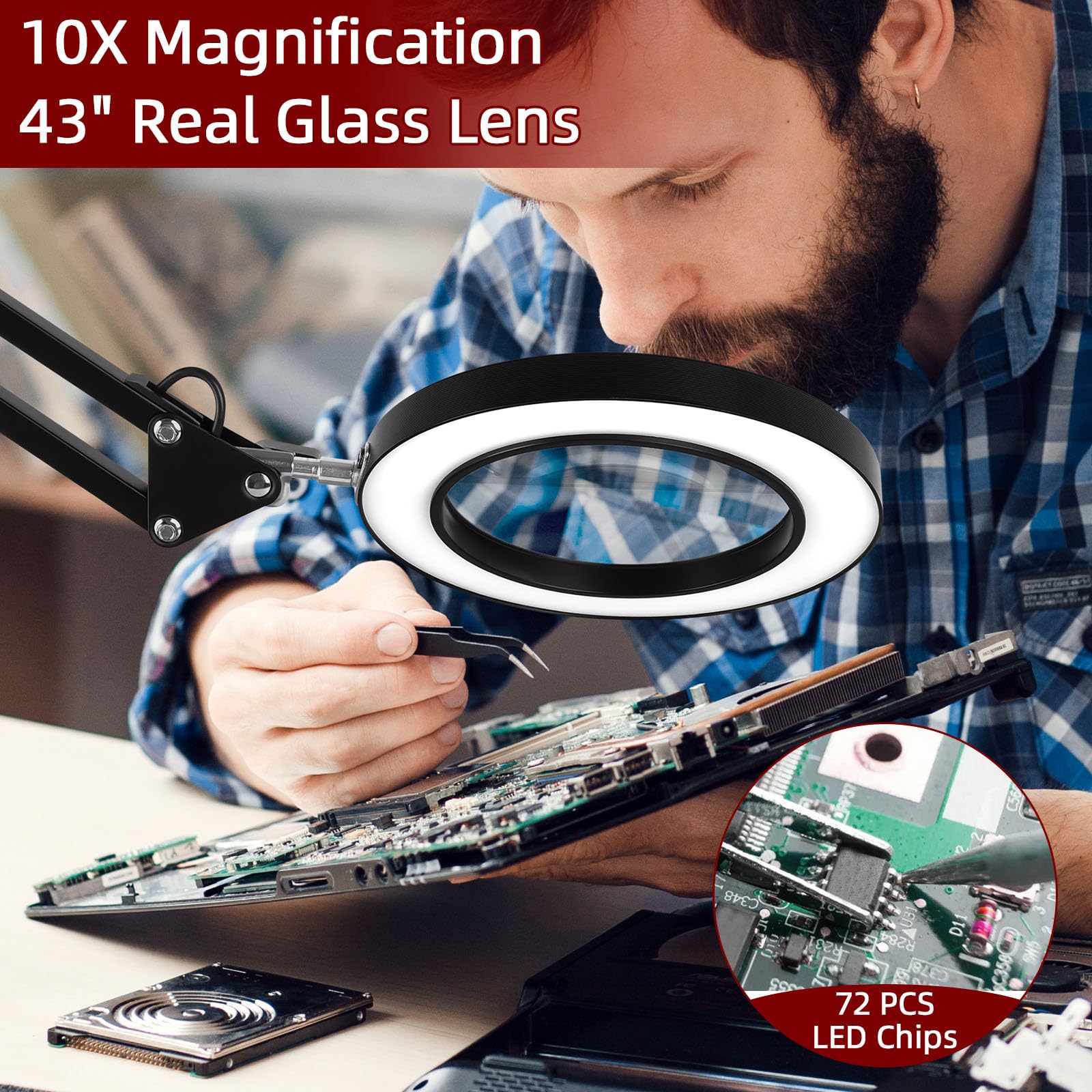 Paradmas Desk Lamp With Lighting Magnifying Glass: 10X Magnifying Glass Light With 3 Color Modes And 10 Levels Of Dimming