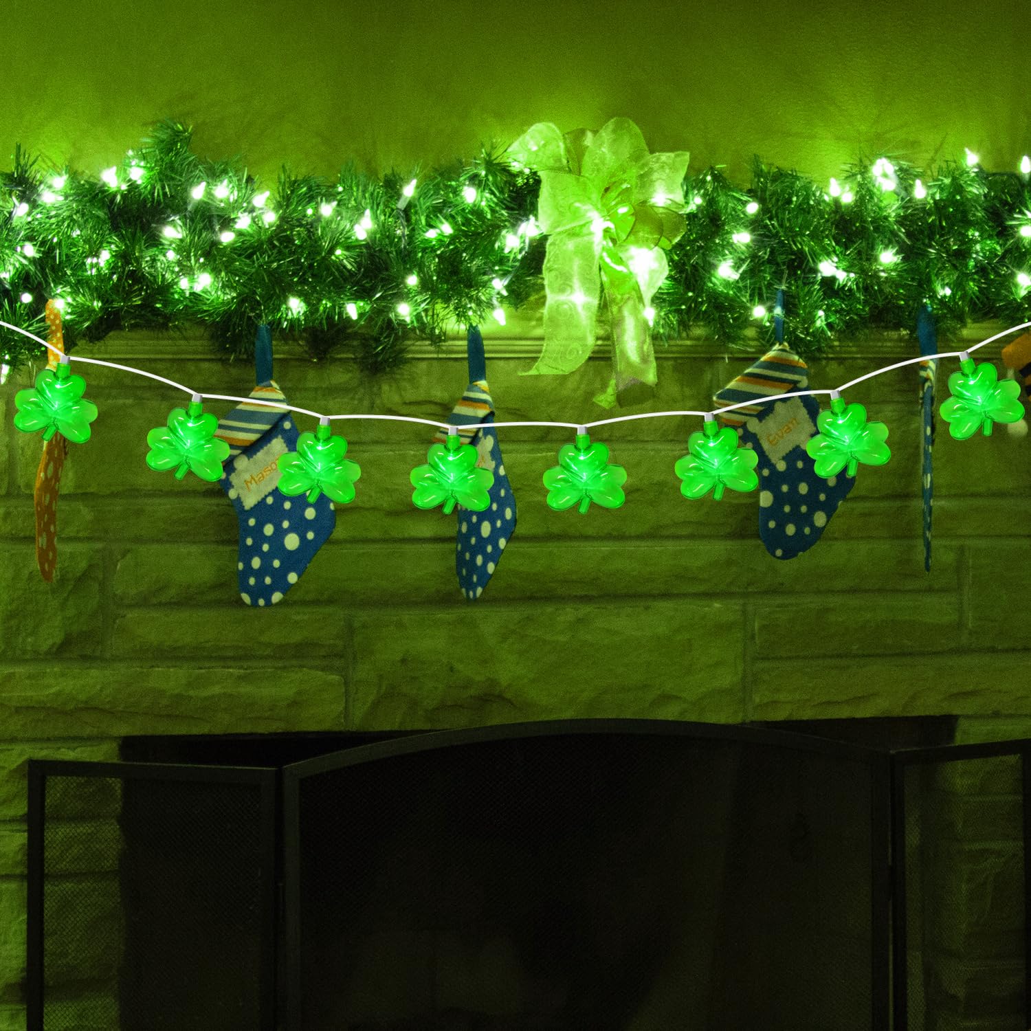 PASUTO 8.5FT Clear Green Shamrock String Lights, 10 LED Waterproof for St. Patrick's Day Indoor/Outdoor Decorations