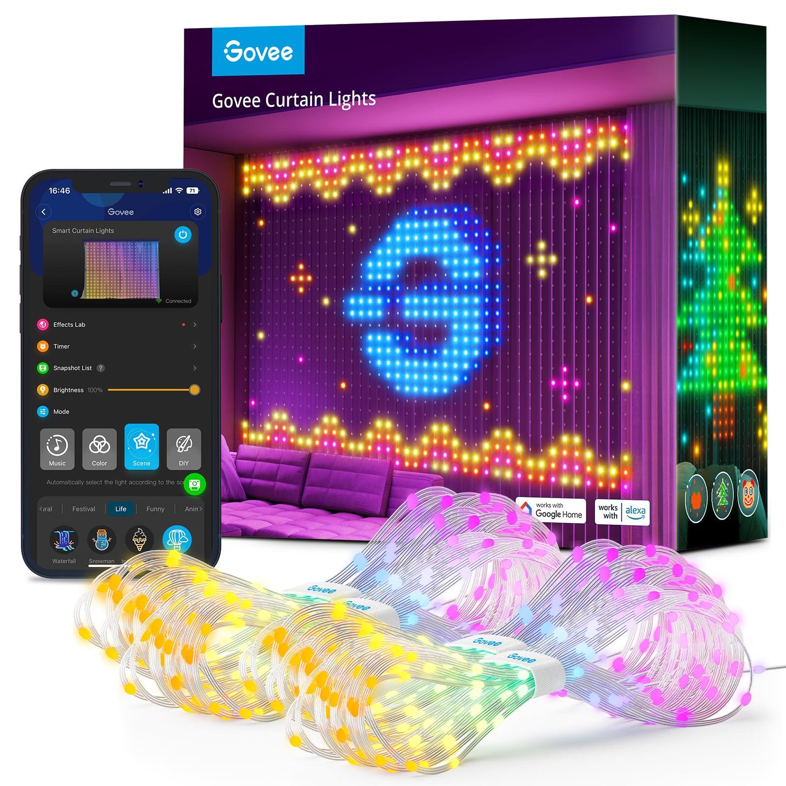 Govee Curtain Lights, Smart LED Window Lights, RGB Color Changing Wall Light, Dynamic DIY Curtain String Lights for Bedroom Holiday Decor, Outdoor IP65 Waterproof, 5 x 6.6ft, 520 RGBIC LEDs, 2 Pack