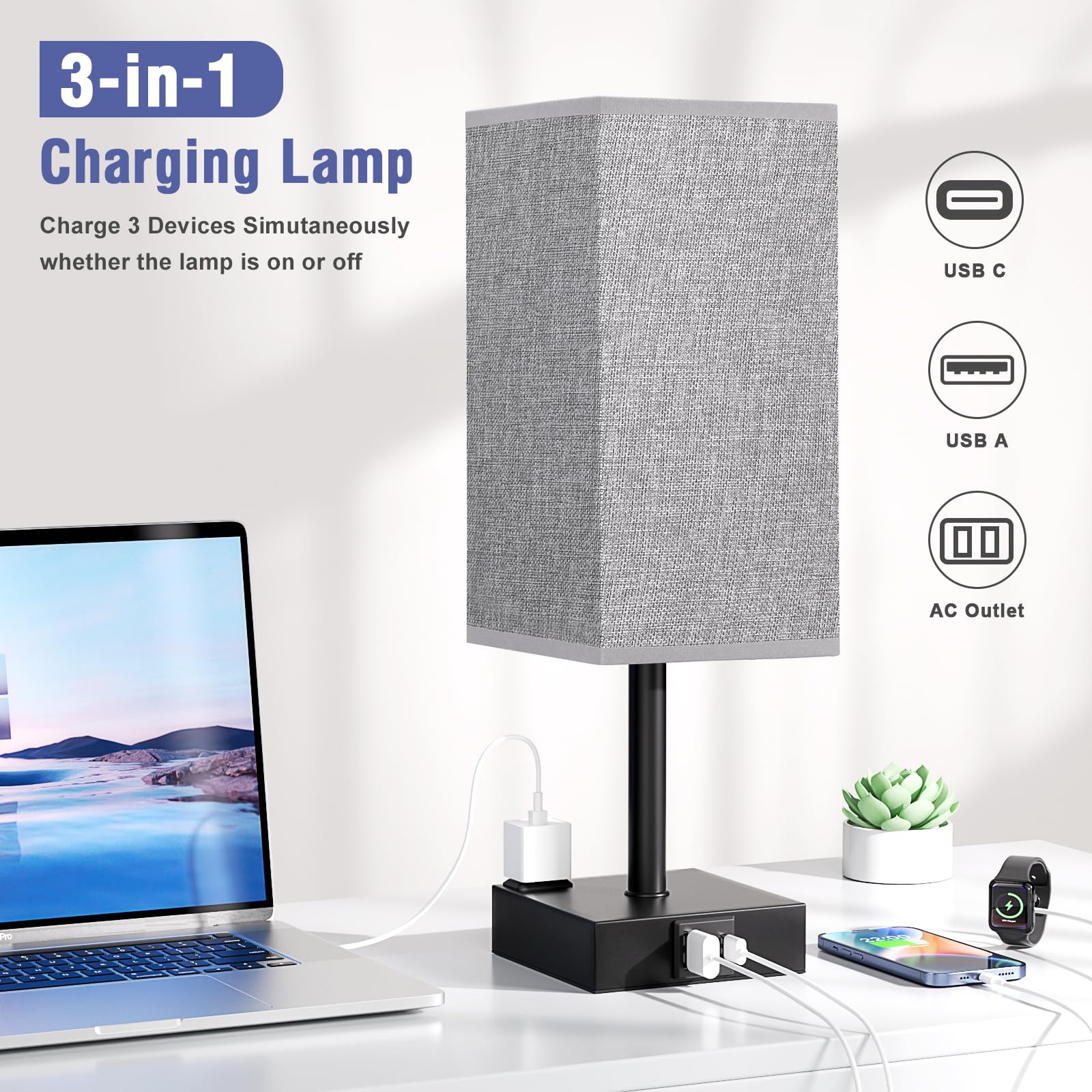 Black And Grey Bedside Lamp For Nightstand - Touch Table Lamp With Type C + A And Ac Outlet, Square Charging Lamps For Bedroom D