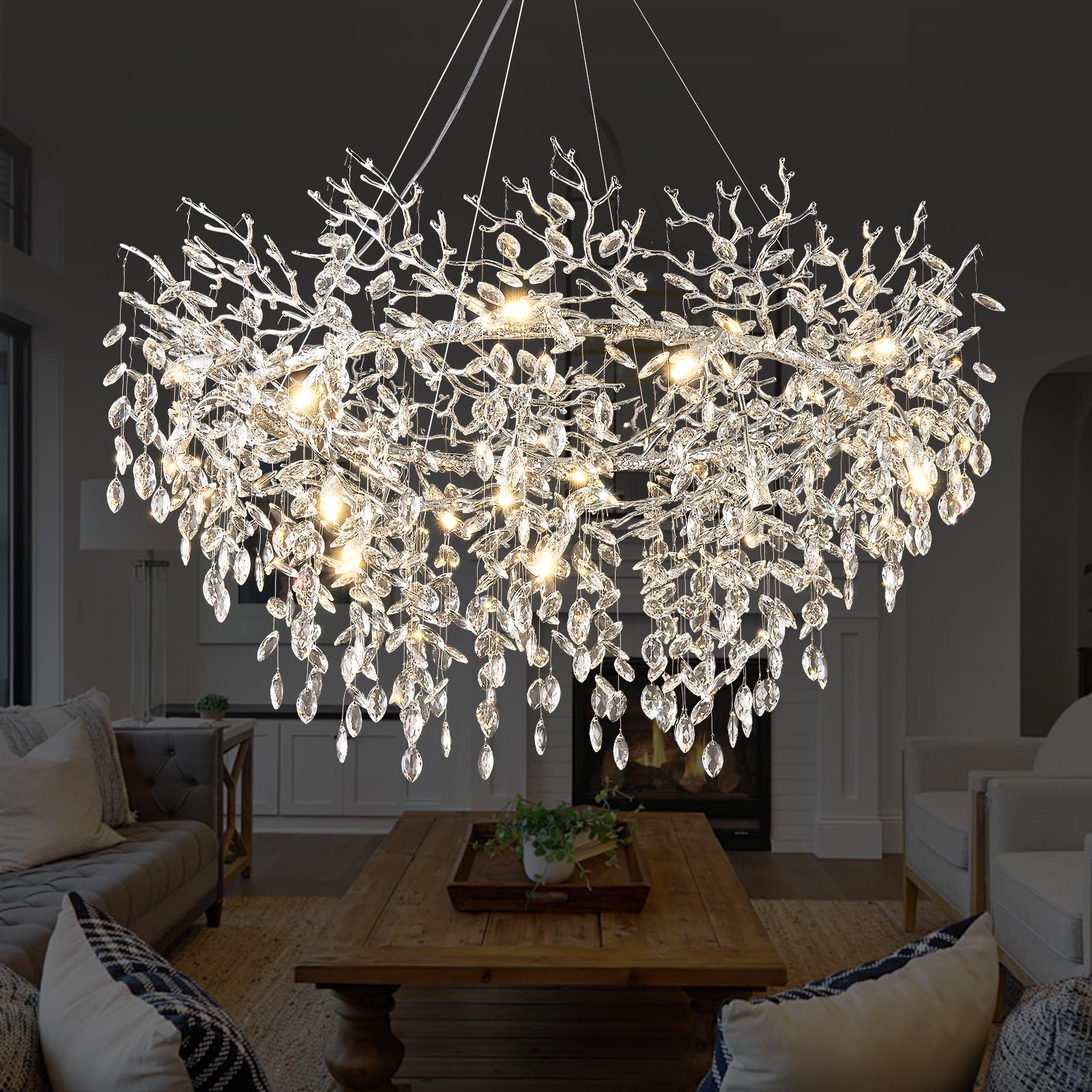 kvtinmty 14-Light Modern Living Room Crystal Chandelier,48'' Round Silver Tree Branche Chandelier,Silver Crystal Chandeliers for