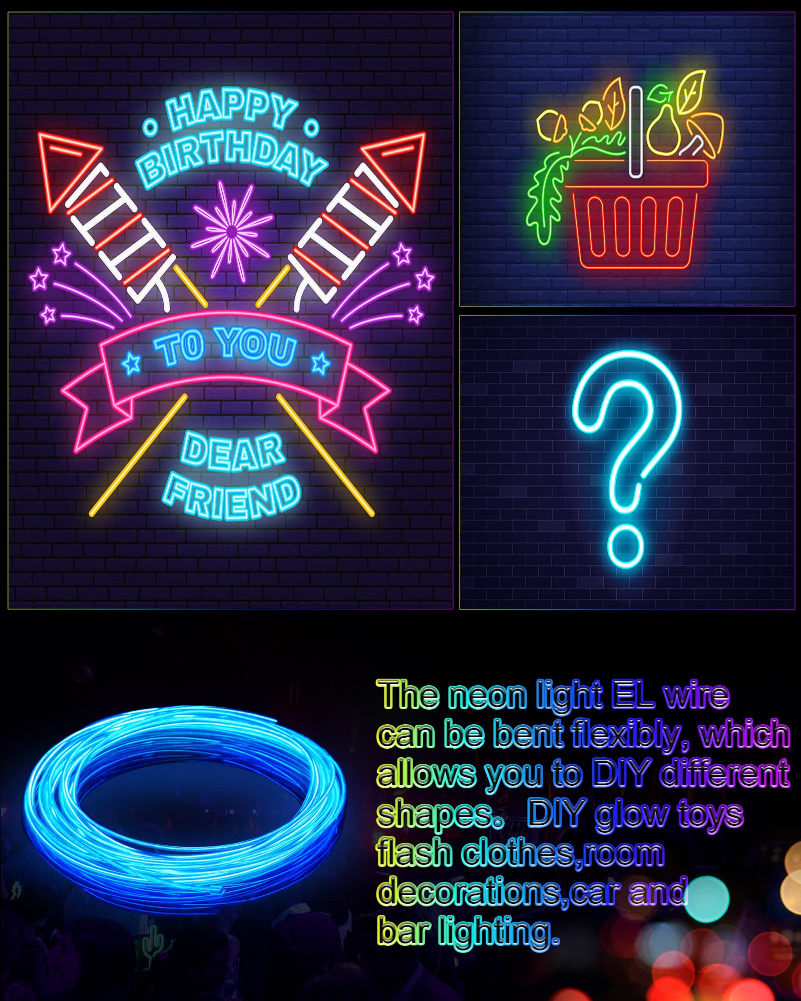 6 Pieces El Wire Portable El Wire Neon Lights Wearable Led Lights Electroluminescent Wire Battery Operated Glow Wire Neon El Wire Led Lights For Diy Costume Halloween Christmas Decorations(9.84 Feet)