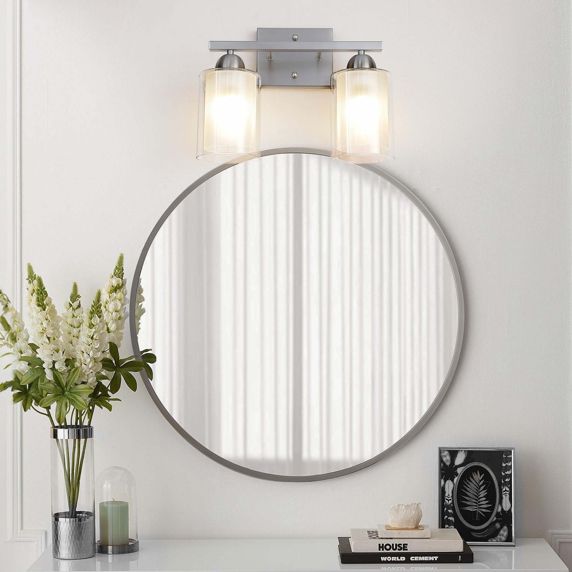 Mecgirn Stainless Steel Bathroom Vanity Light, 2 Light, Brushed Nickel, Milk Glass and Clear Glass Shades, Model B0007-2
