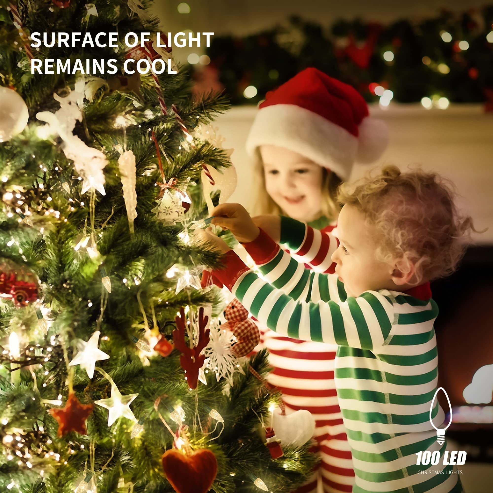 WATERGLIDE Christmas Lights 33ft 100 LED Warm White Faceted String Lights Green Wire Waterproof 8 Lighting Modes Indoor Outdoor