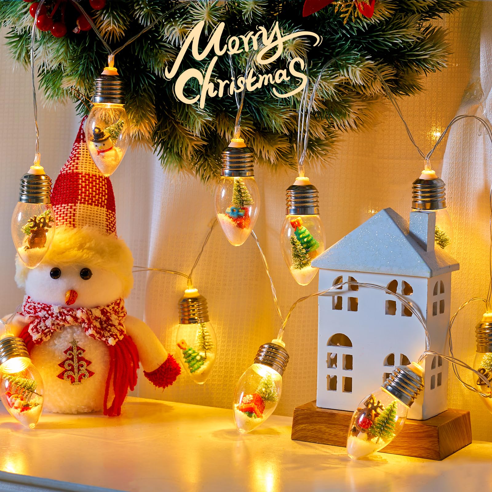 Brightown Christmas Lights Indoor, 7.5Ft Christmas Snow Globe Lights With Tree & Snow & Cute Ornaments,Battery Powered String Li