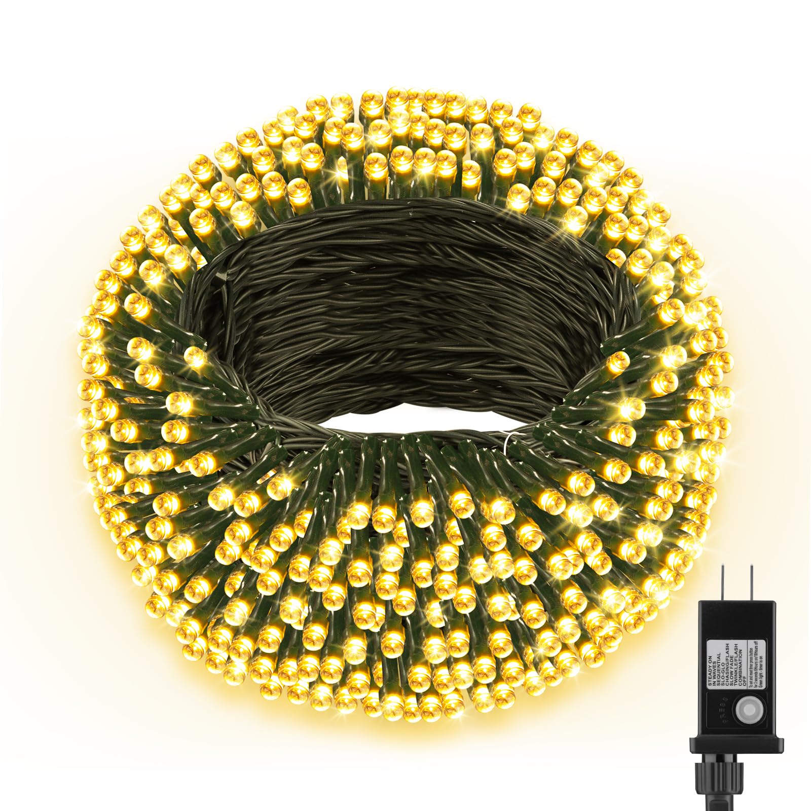 FairyGlim Extra Long 264FT 800 LED Christmas Lights, Warm White, Green Wire, 8 Modes, Model CX-36V-5000LHWW