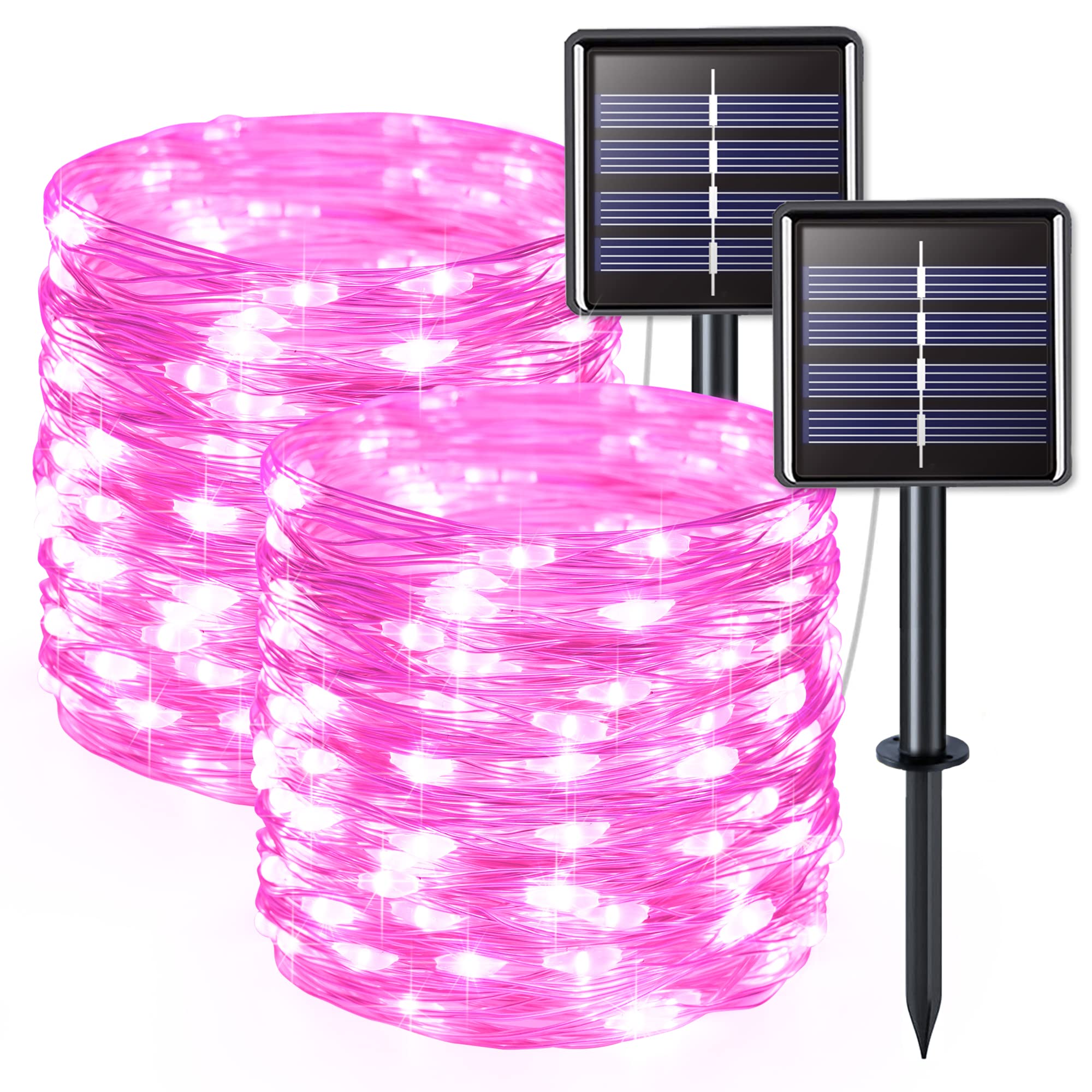 Jmexsuss 2 Pack Pink Solar Christmas Lights, 33Ft 100 Led Solar String Lights Outdoor Waterproof, 8 Modes Solar Fairy Lights For