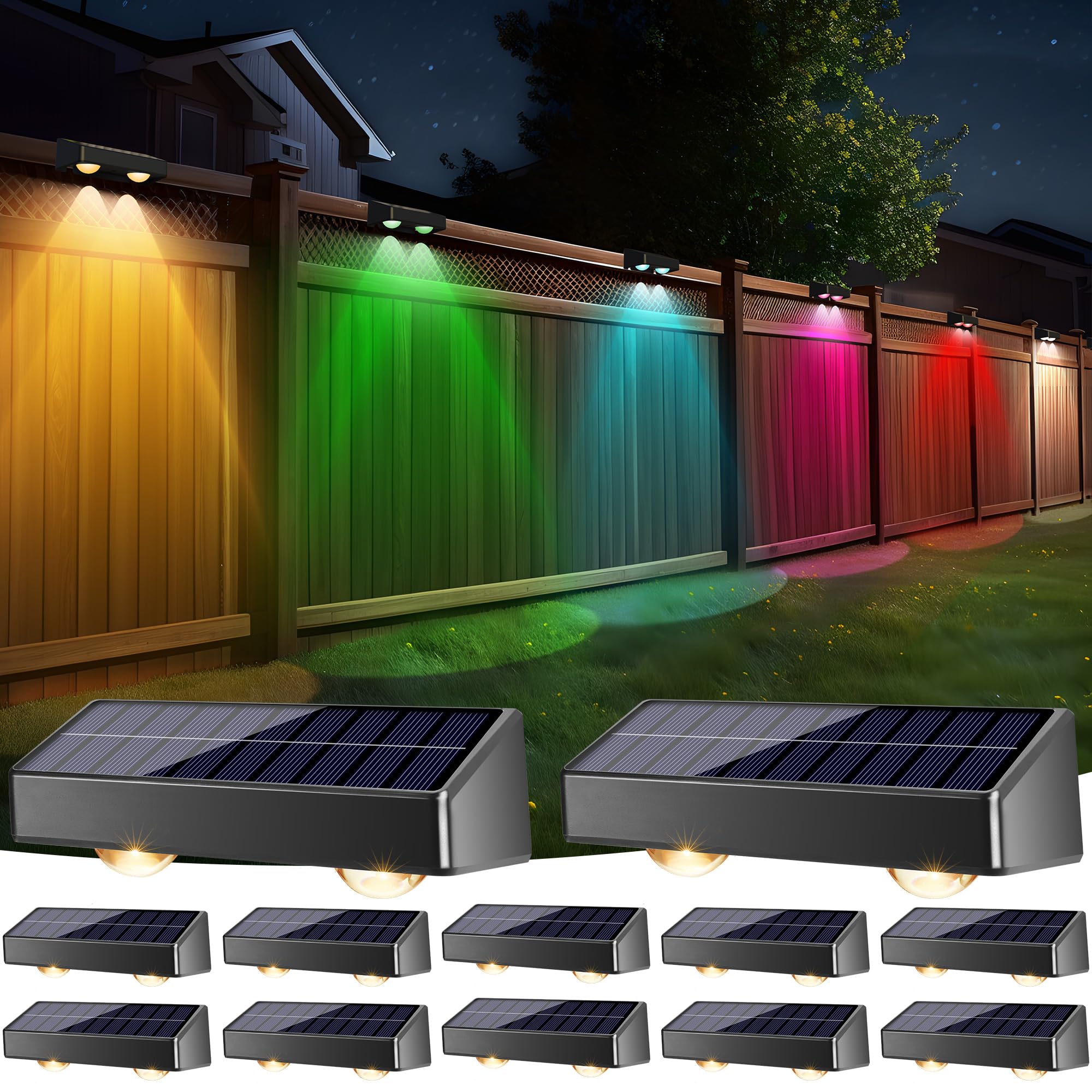 Brizled 12 Pack Solar Fence Lights, RGB + Warm White + Cool White Outdoor Solar Wall Lights, 11 Modes Color Changing Deck Light 