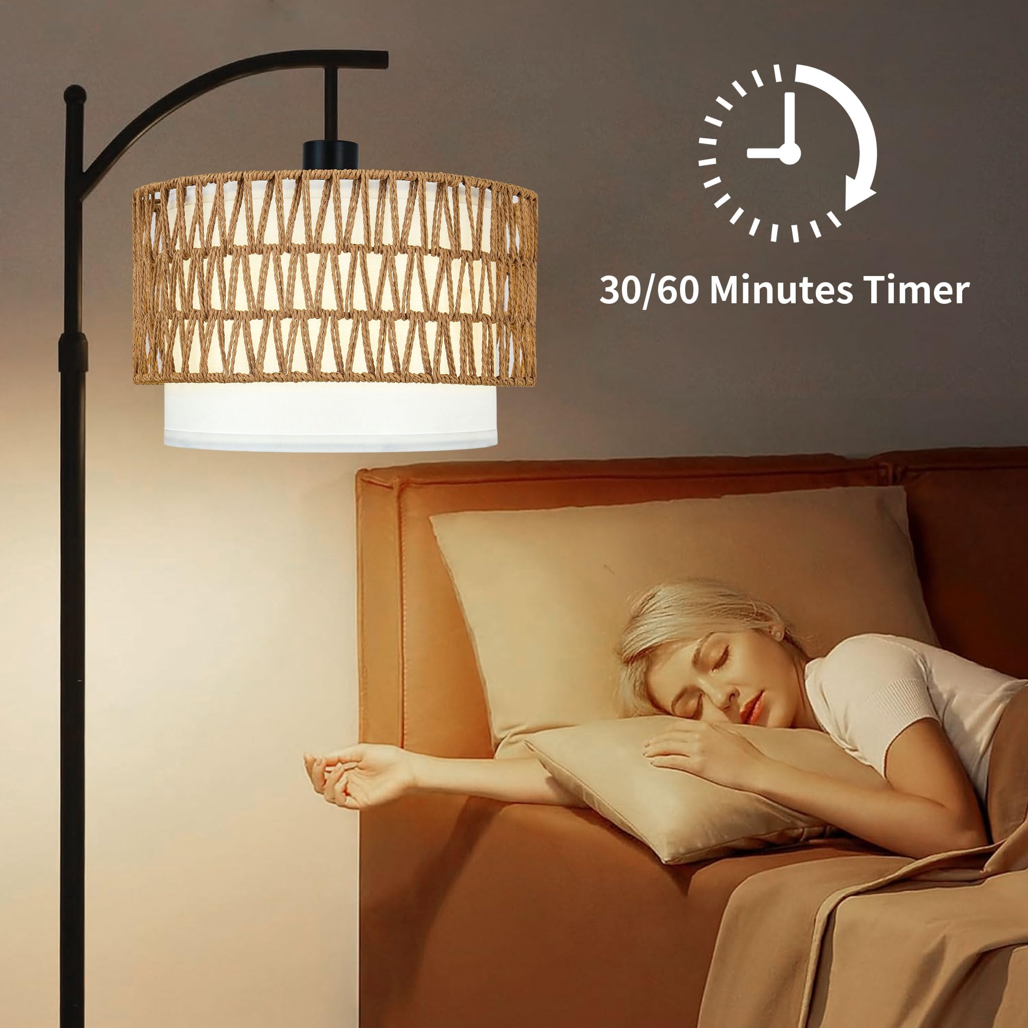 Arc Floor Lamp With Table And Shelves,Rattan Boho Floor Lamp With Remote Control,Rustic Floor Lamp For Bedroom Wicker Standing L