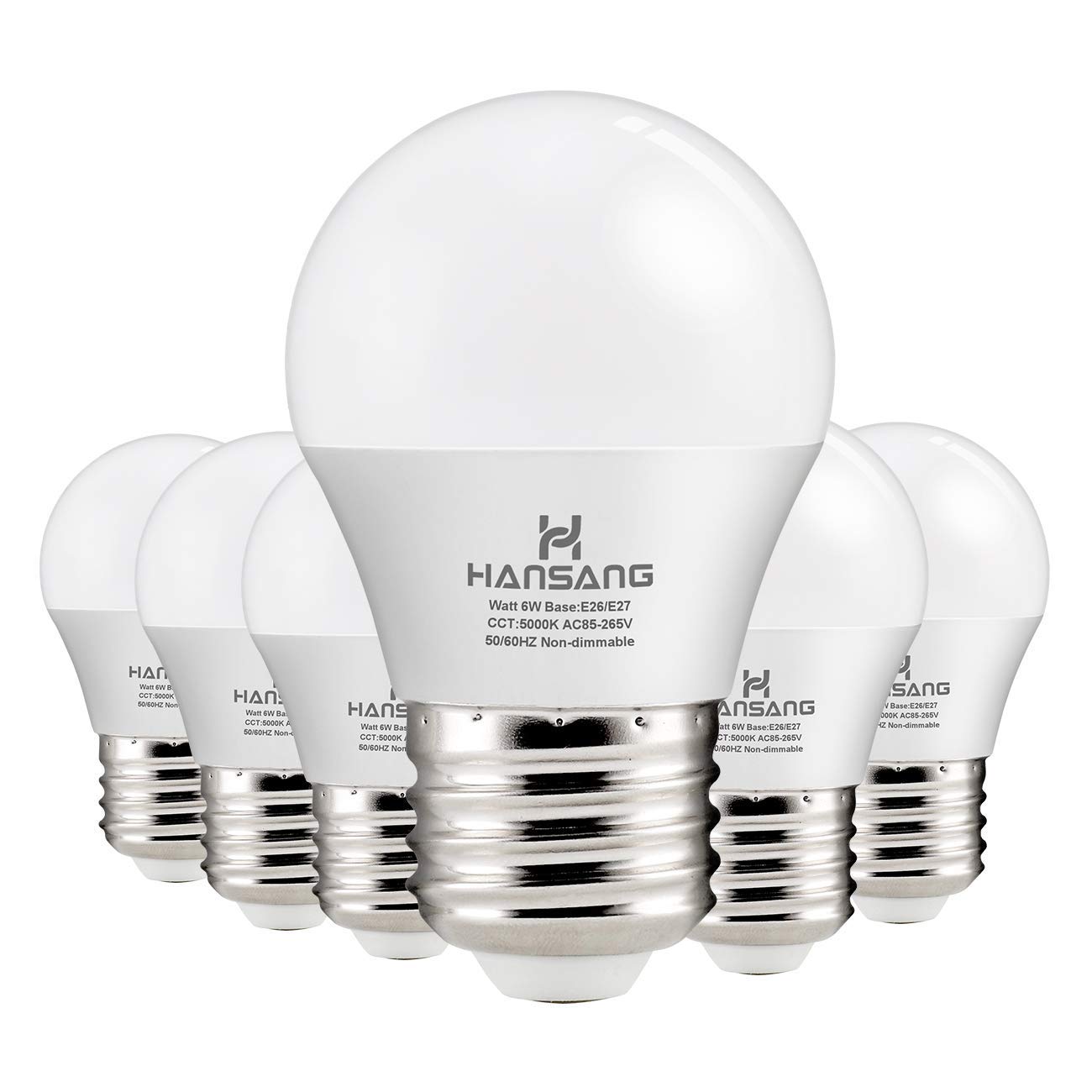 hansang A15 LED Light Bulb 60W Equivalent 600 Lumen Daylight 5000K 6 Pack E26 Base Eye Protection