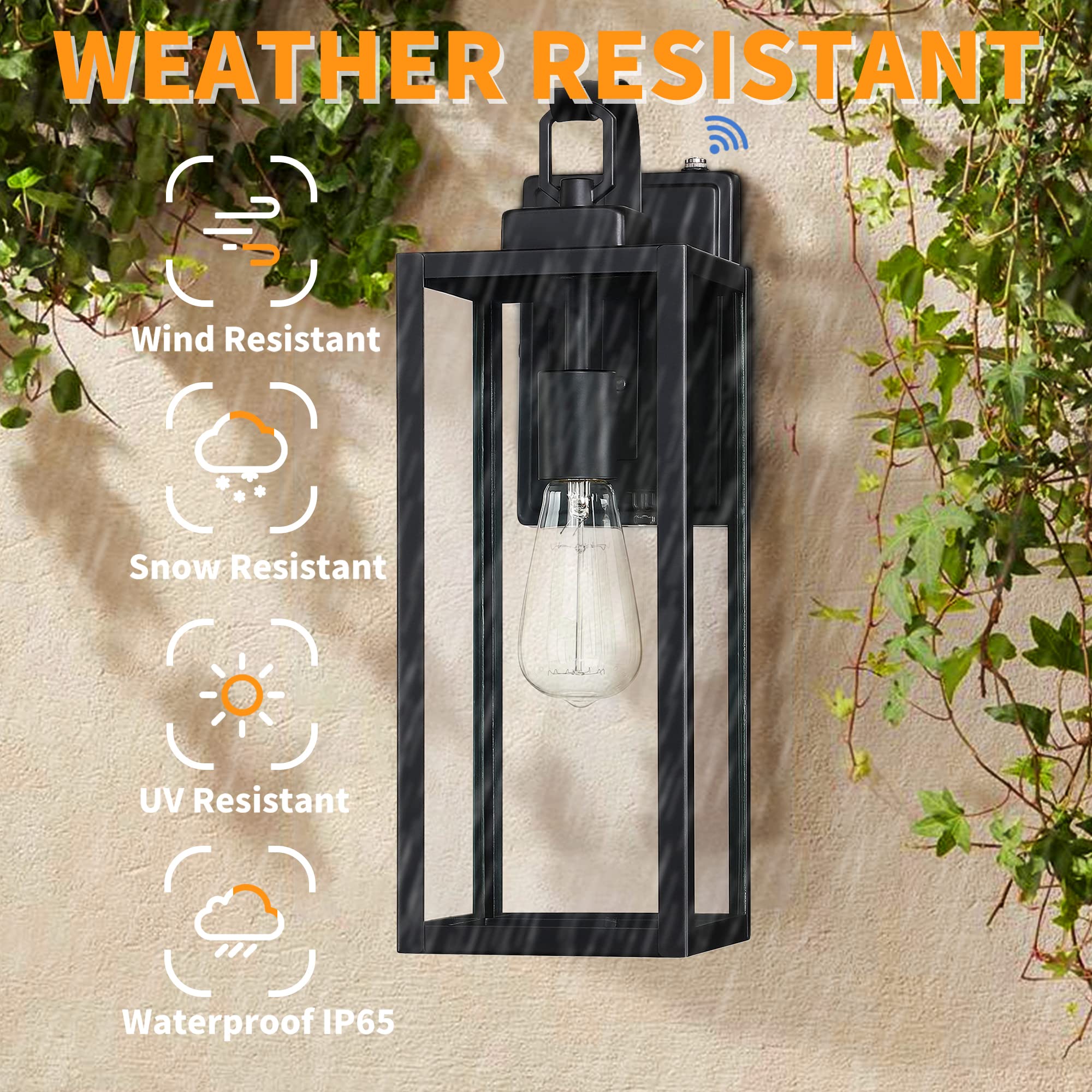 Pia Ricco Outdoor Wall Lights, Dusk to Dawn, Matte Black, 18 Inch with Sensor, ETL Listed, Clear Glass Shade