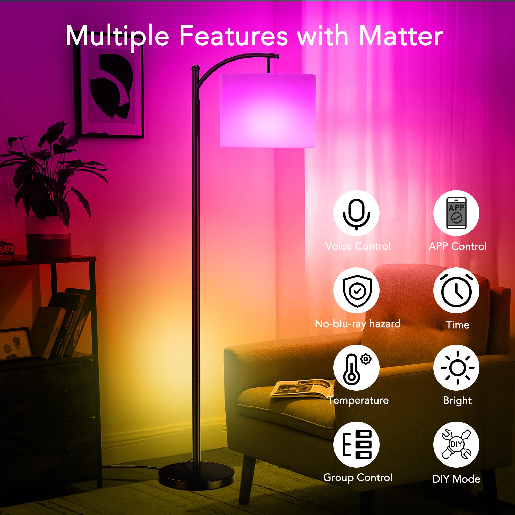 Floor Lamps With Matter Smart Light Bulb, Rgb + Color Temperatures Bright Dimmable Smart Floor Lamp, Living Room Standing Tall I