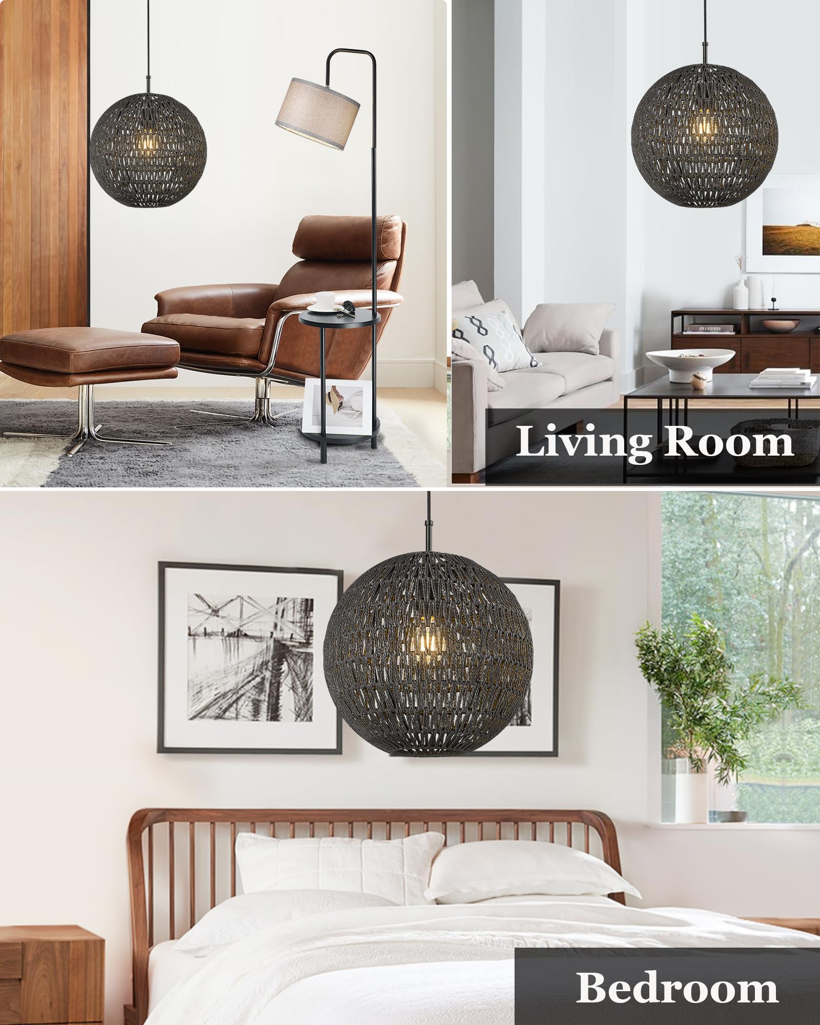 Elyona 14&quot; Modern Woven Chandelier - Black Boho Rattan Pendant Light For Dining Room, Kitchen, Foyer