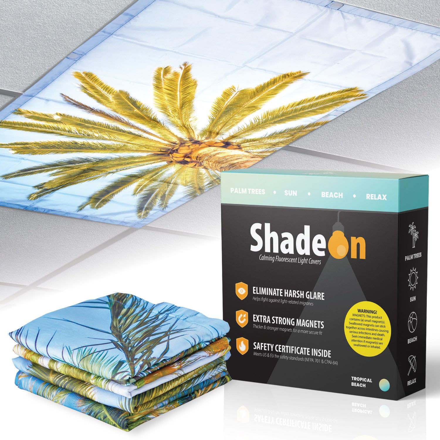 Shadeon Fluorescent Light Covers For Ceiling Lights (4-Pack) - 2X4 Ft Magnetic Light Covers For Ceiling Lights Classroom - Office Light Covers For Fluorescent Lights - Tropical Beach