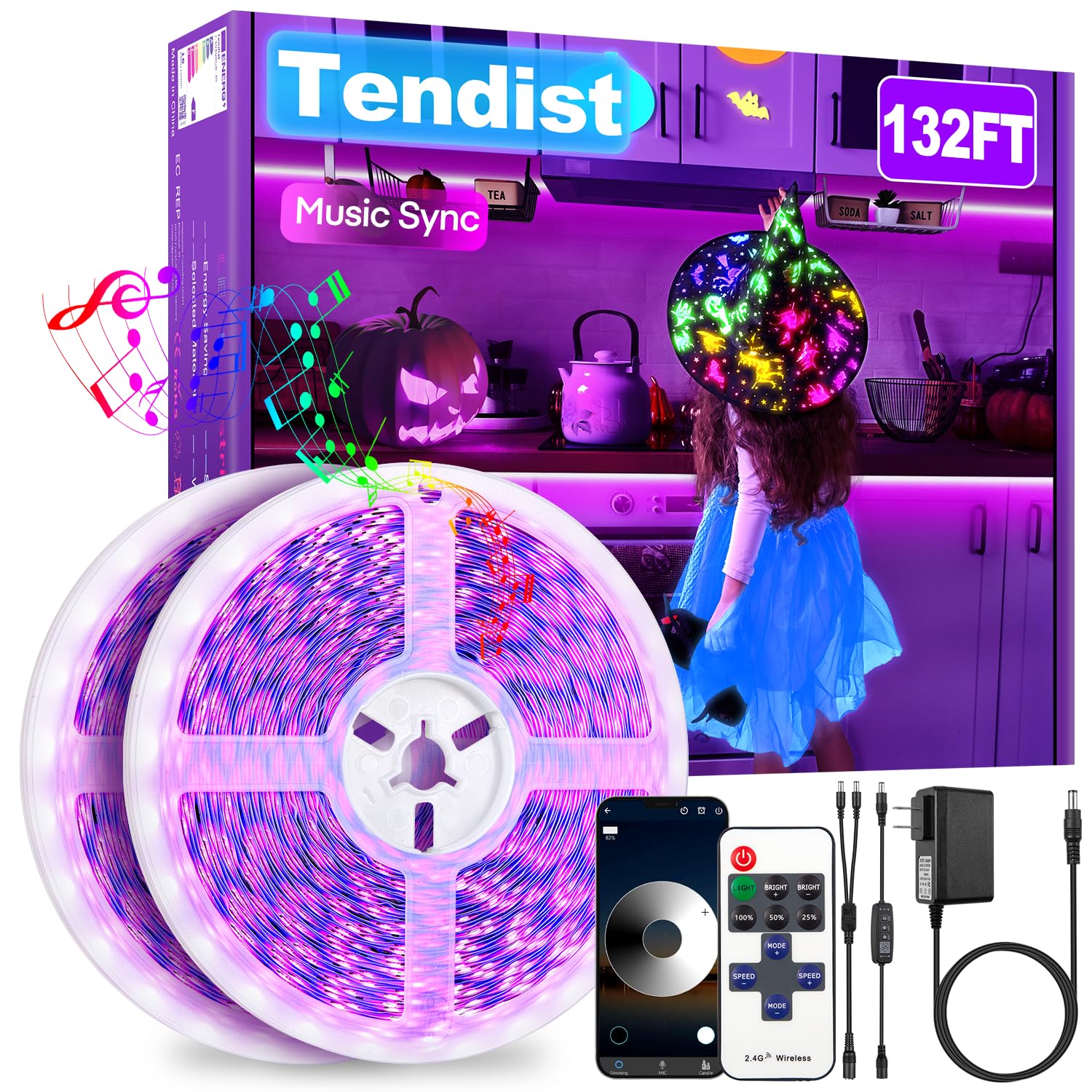 TENDIST Black Light LED Strip 132FT, App Control, UV Light for Glow Party, Purple, Model J-5050RGB-30