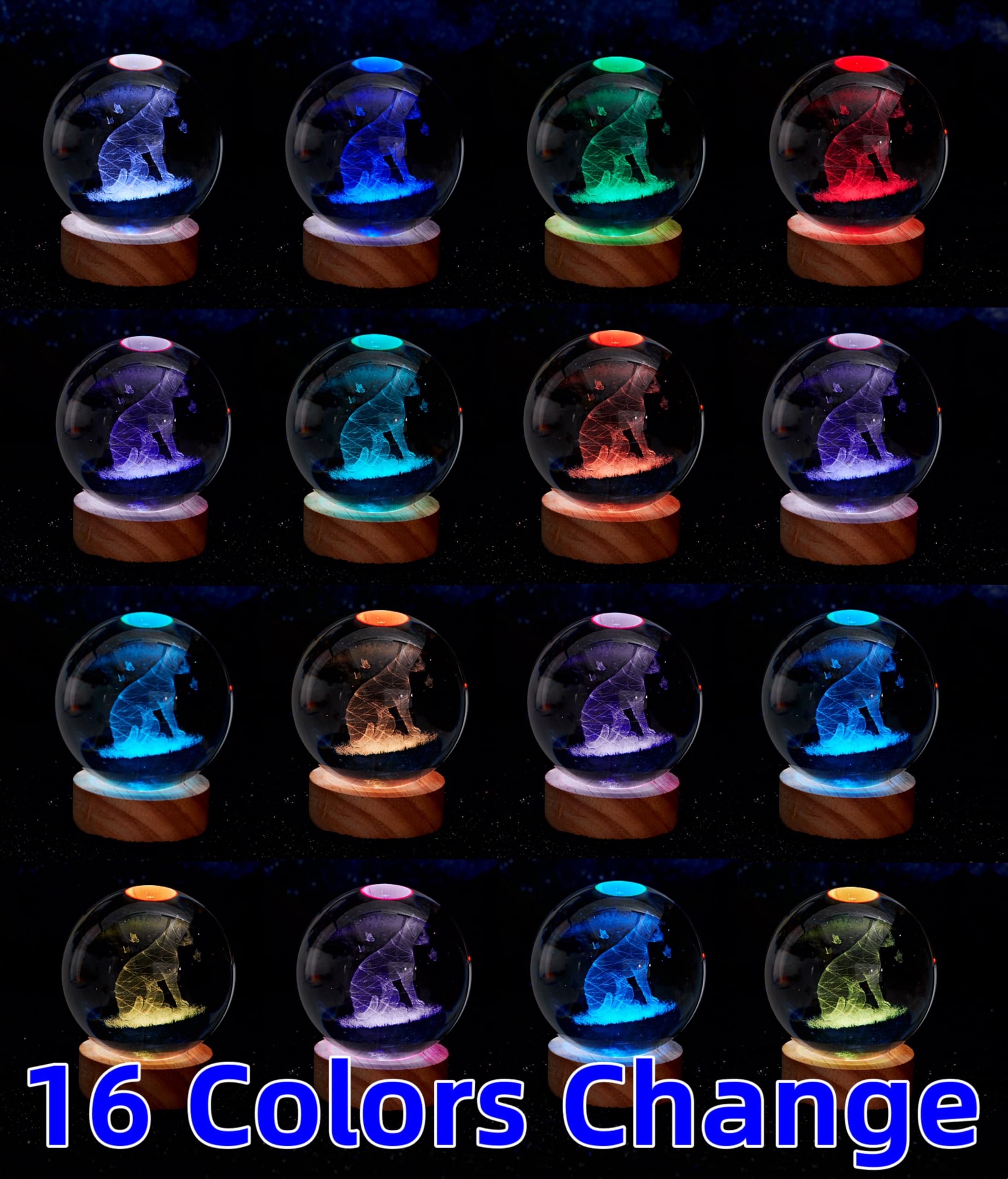 DIGFPWT Cat Crystal Ball Night Light, 3D Lamp with LED Wooden Base, 16 Colors, 3.15 Inch, Gift Box Packing