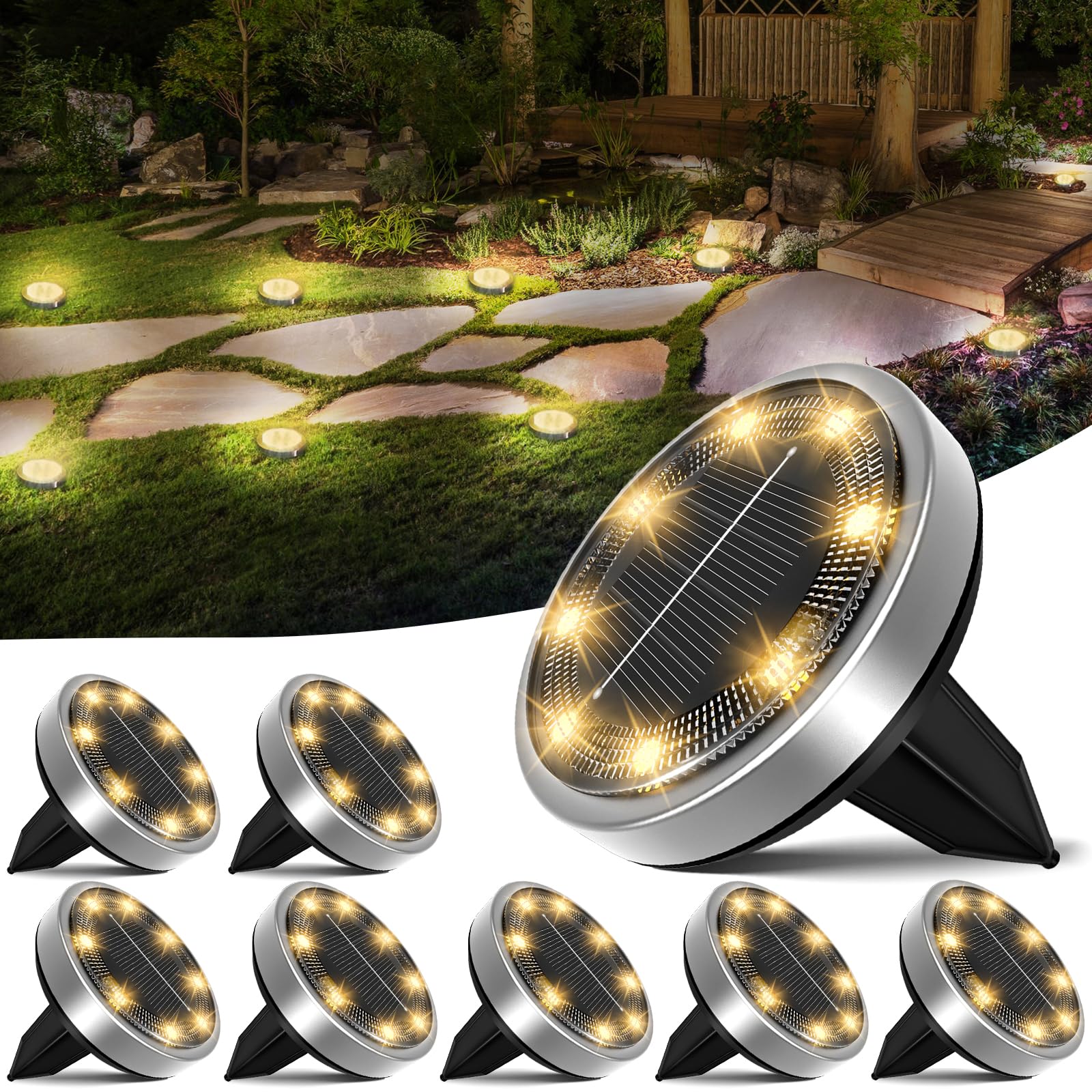 nipify Solar Ground Lights - 8 Pack, LED Waterproof Disc Lights for Yard, Garden, Deck, Patio, Warm White, Stainless Steel