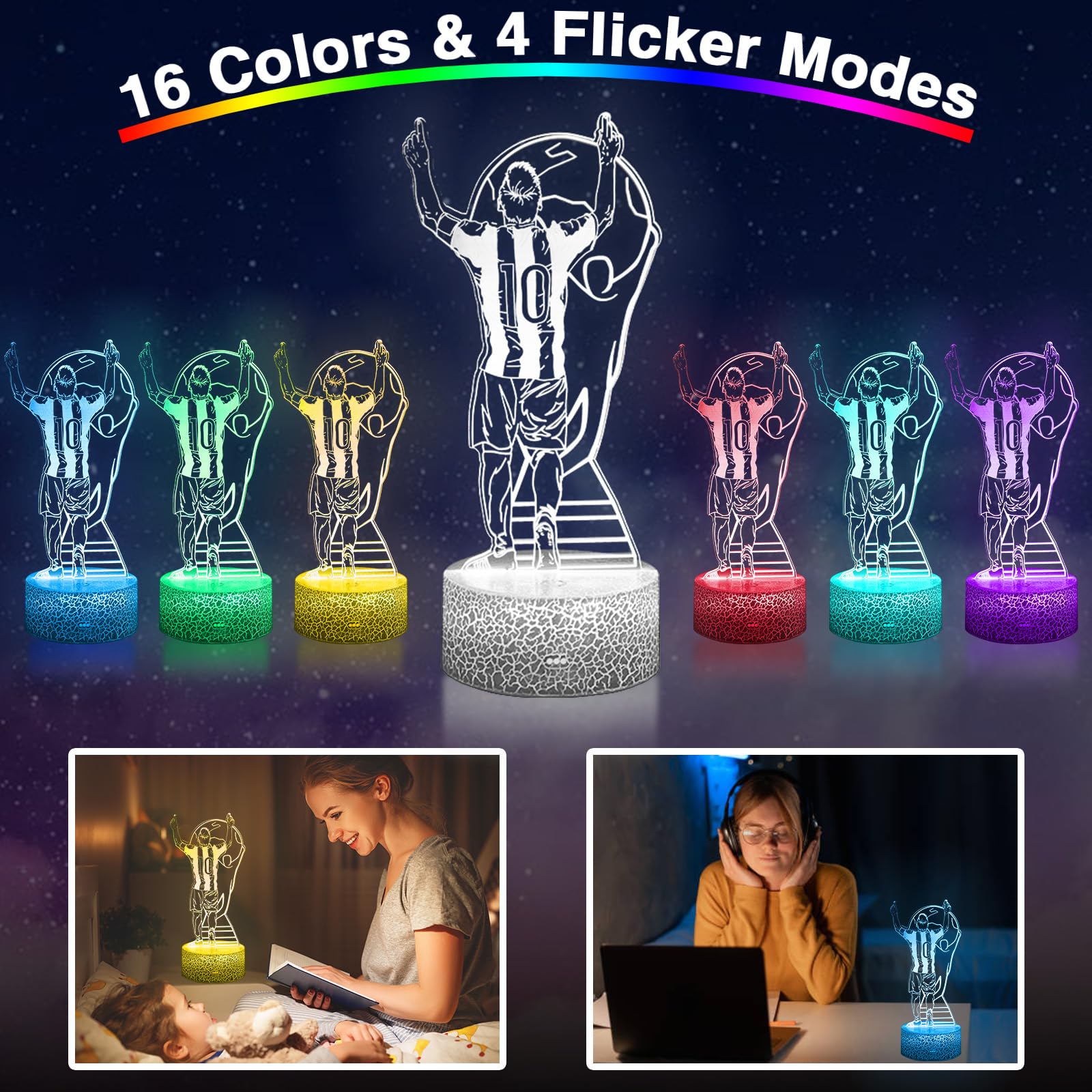Daheyma Soccer Night Light For Kids, 3D Optical Illusion Mood Light 16 Color S Led Dimmable With Remote Room Football Decor, No.10 Argentine Soccer Lamp Gifts Toys For Boys Girls Teens Men