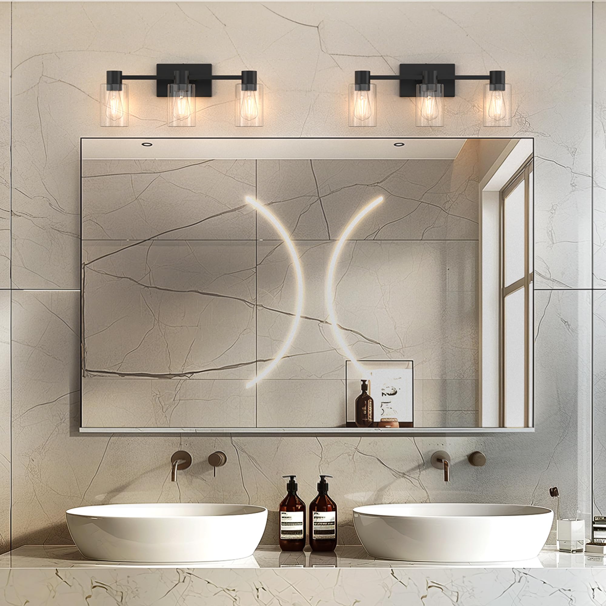 Esfos 3-Light Matte Black Wall Sconces, Modern Glass Vanity Light Fixtures for Bathroom, Living Room, Hallway