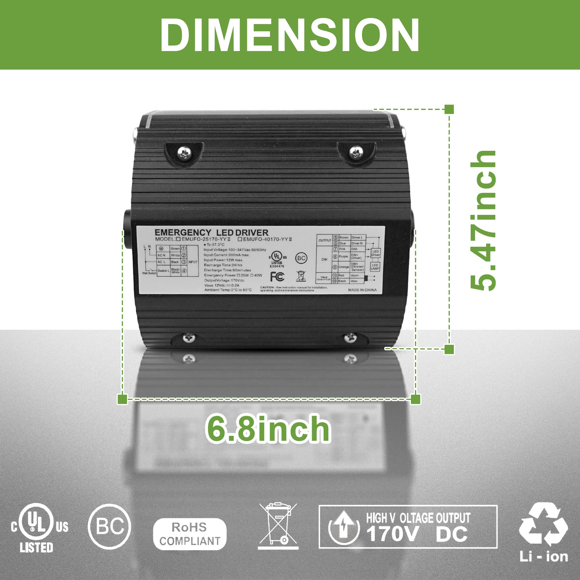 40W Led Emergency Backup Driver, Rechargeable Battery For Dimmable Ufo High Bay Light, Ac 100-347V To Dc 170V, 90-Min Emergency