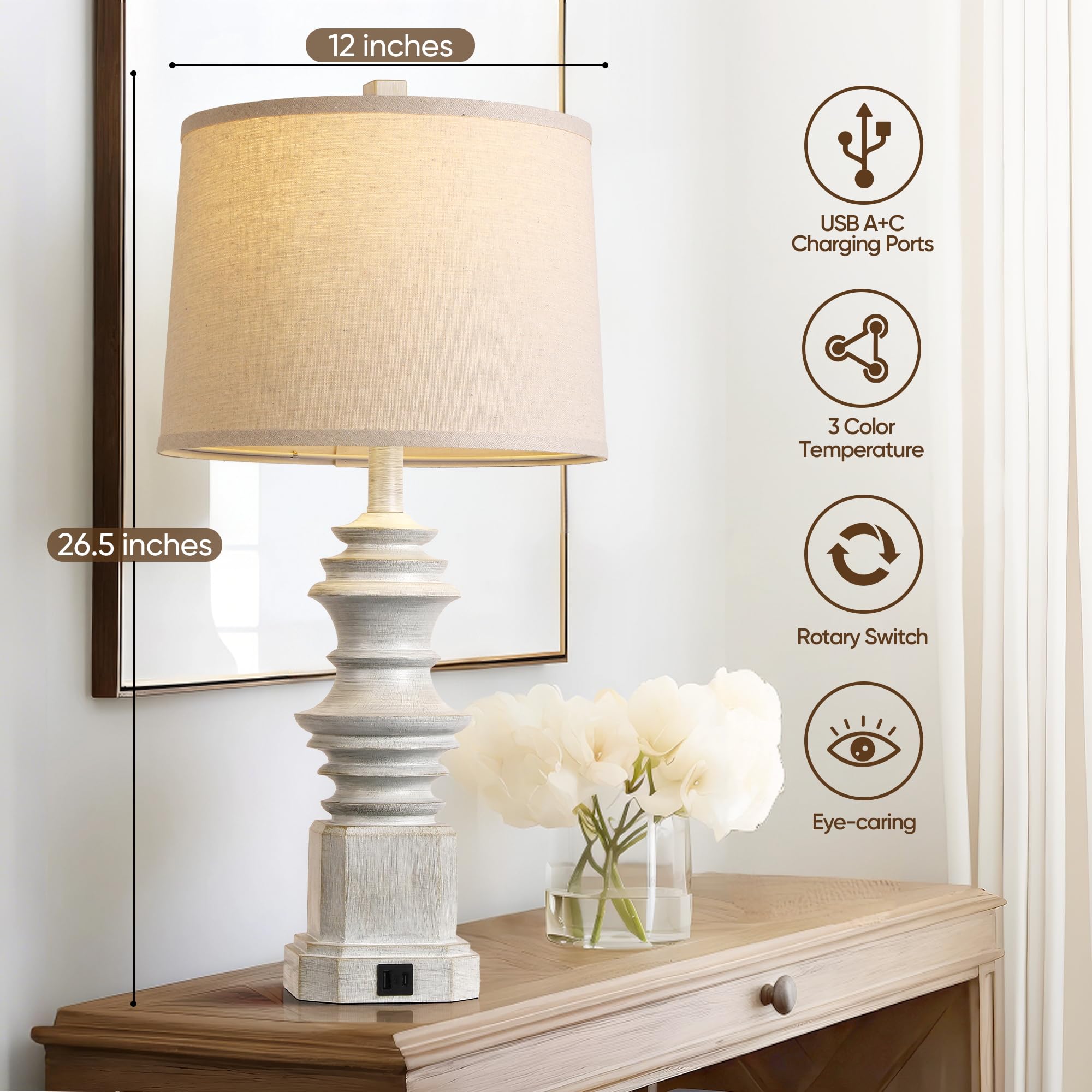 QiMH Table Lamps Set of 2, USB A+C Charging Ports, Farmhouse Design, Grey, Model STR-DL-0087, White Fabric Lampshade