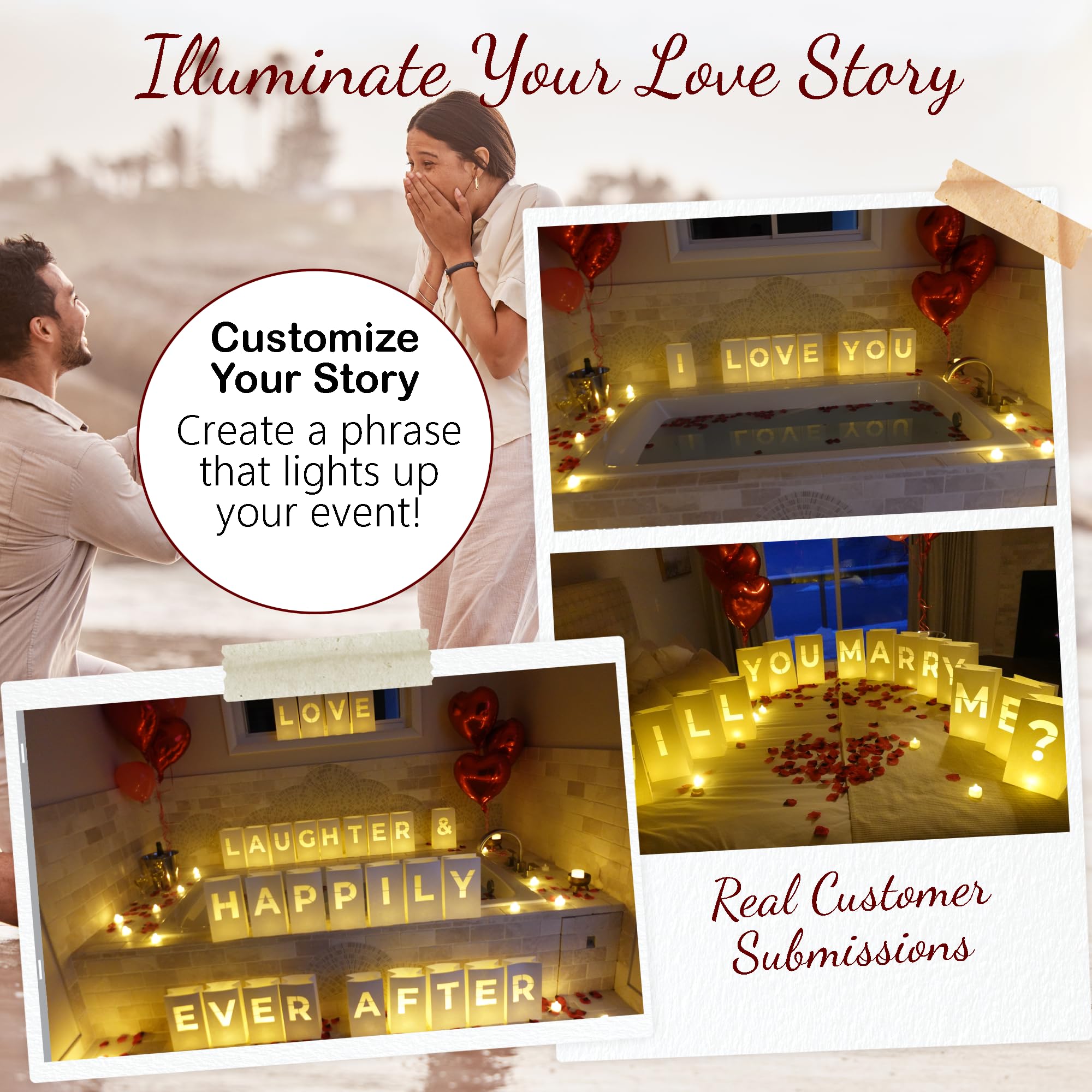 Luminary Bags With Led Tea Light Candles, Balloons, And Rose Petals - Romantic Decorations For Proposals, Anniversaries, And Spe