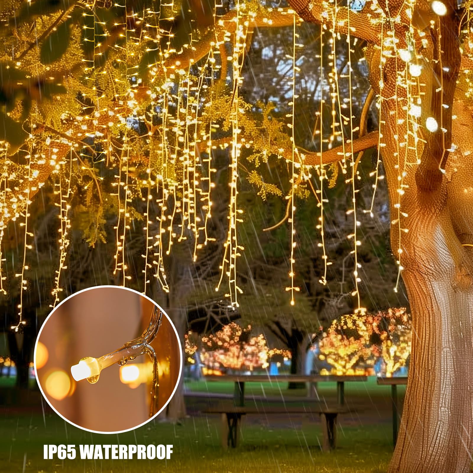 Brightown 33FT 1020 LED Icicle Lights, Waterproof, Warm White, 51 Drops, 12 Modes, Timer for Outdoor Christmas Decoration
