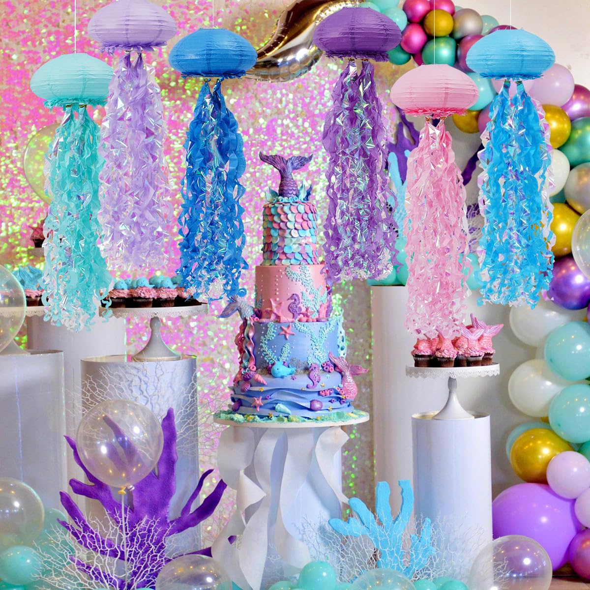 Zilue Mermaid Birthday Decorations, Jellyfish Paper Lanterns For Ocean Mermaid Baby Shower Under The Sea Party Decorations Pack