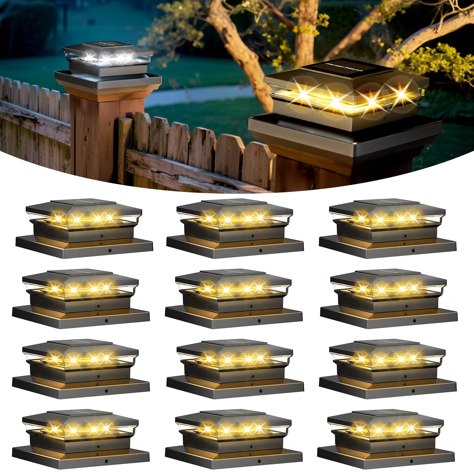 Solar Post Cap Lights 12 Pack, Fence Post Solar Lights, Warm White/Cool White Lighting, Black Waterproof Outdoor Post Lights for