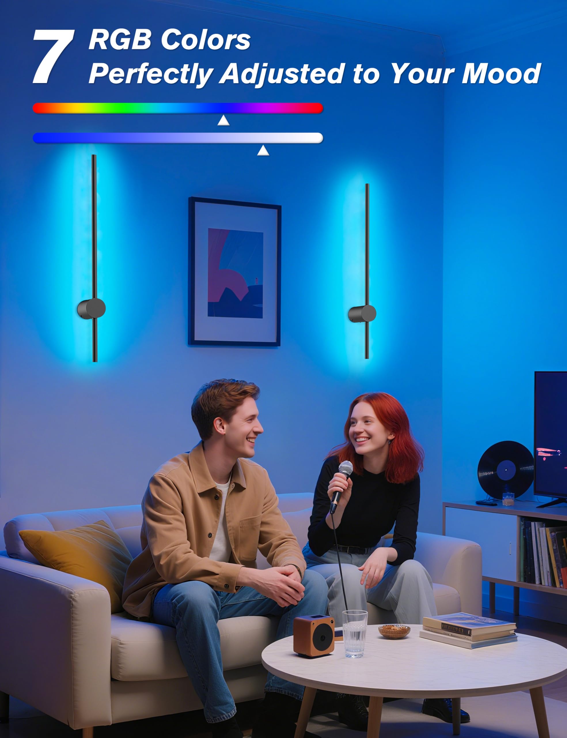 JOFIOS Black Rechargeable Wall Sconces Set of 2, 35.4 inch Metal Dimmable Lamps with Remote Control, RGB Colors, Model JFS61315