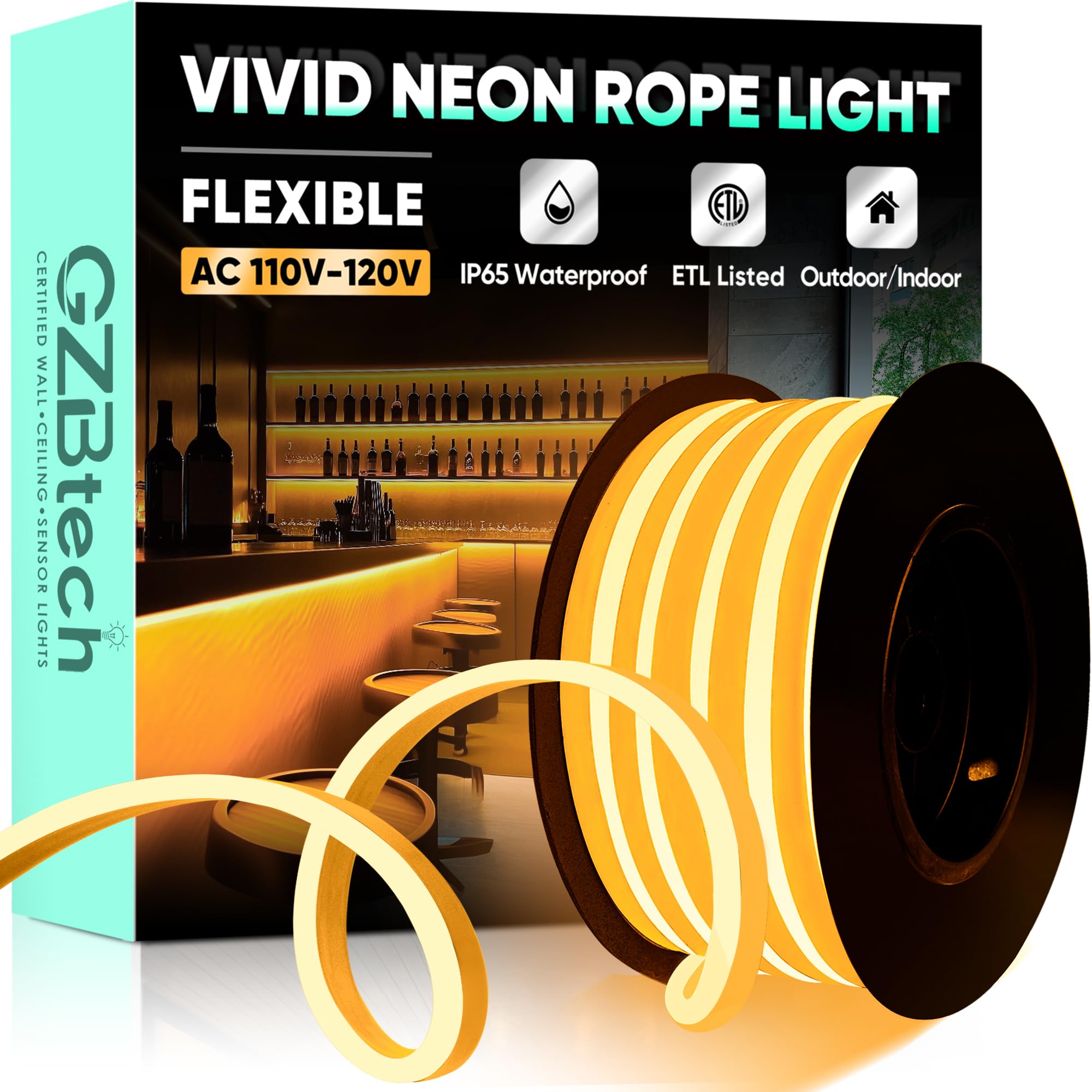 GZBtech Flexible LED Neon Rope Lights 66FT AC 110-120V Waterproof Band Light  120 LEDs/M Cuttable Connectable Neon Lighting for Indoor Outdoor Home Decor/Commercial Building Use-Amber 20M