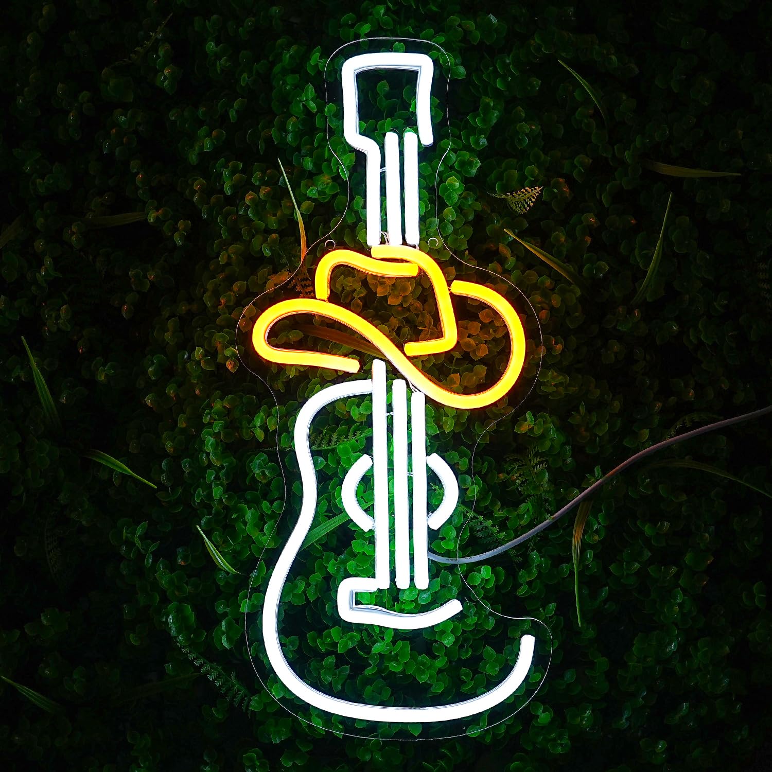 LULANMP Cowboy Hat Guitar Neon Sign, White LED Wall Decor, Size 16.9inx7.4in, Yellow Hat, Plastic Material