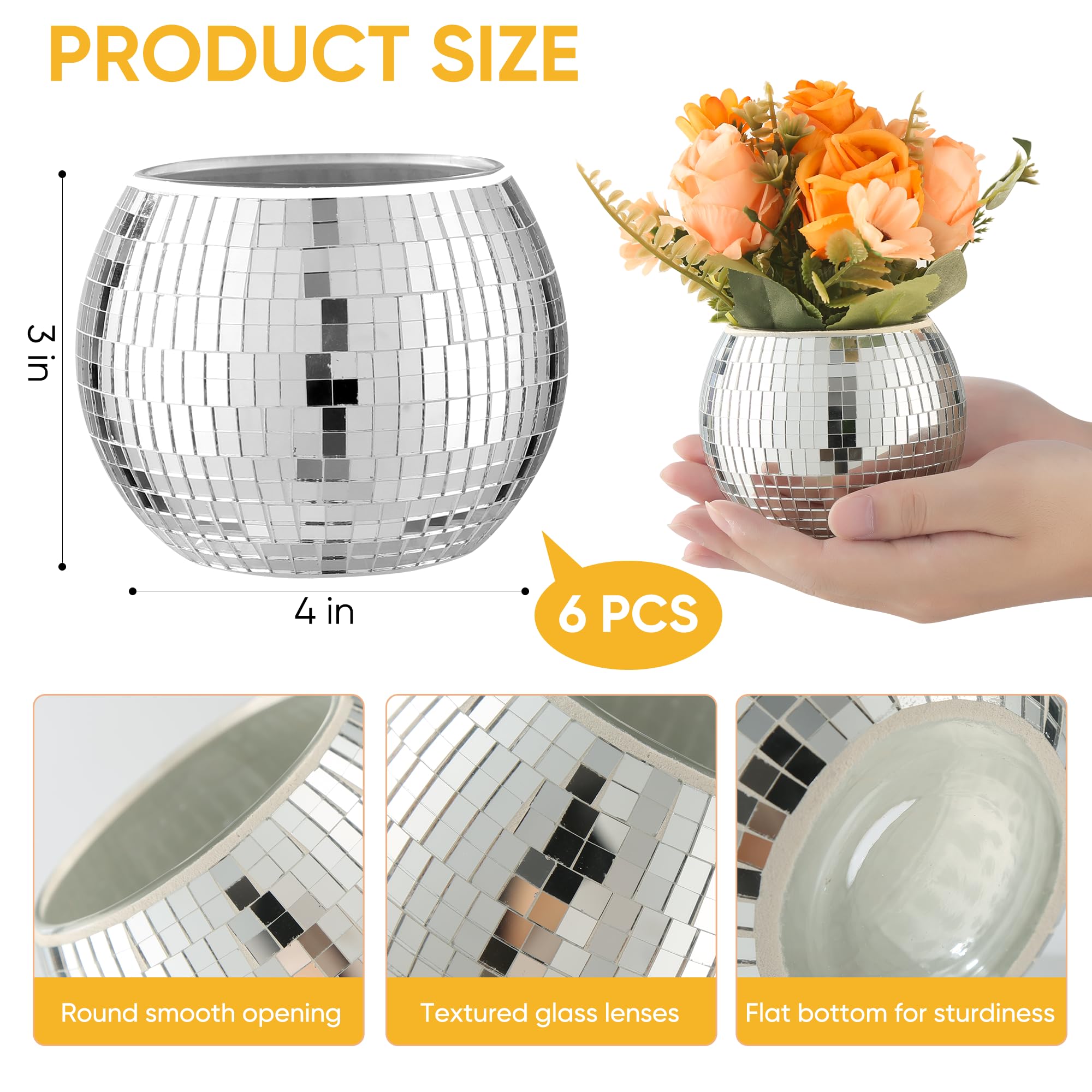 6 Pcs Disco Ball Vase Disco Ball Planter for Centerpieces Disco Ball Decor Flower Vase with Silver Mirror Glass for Wedding, Bir