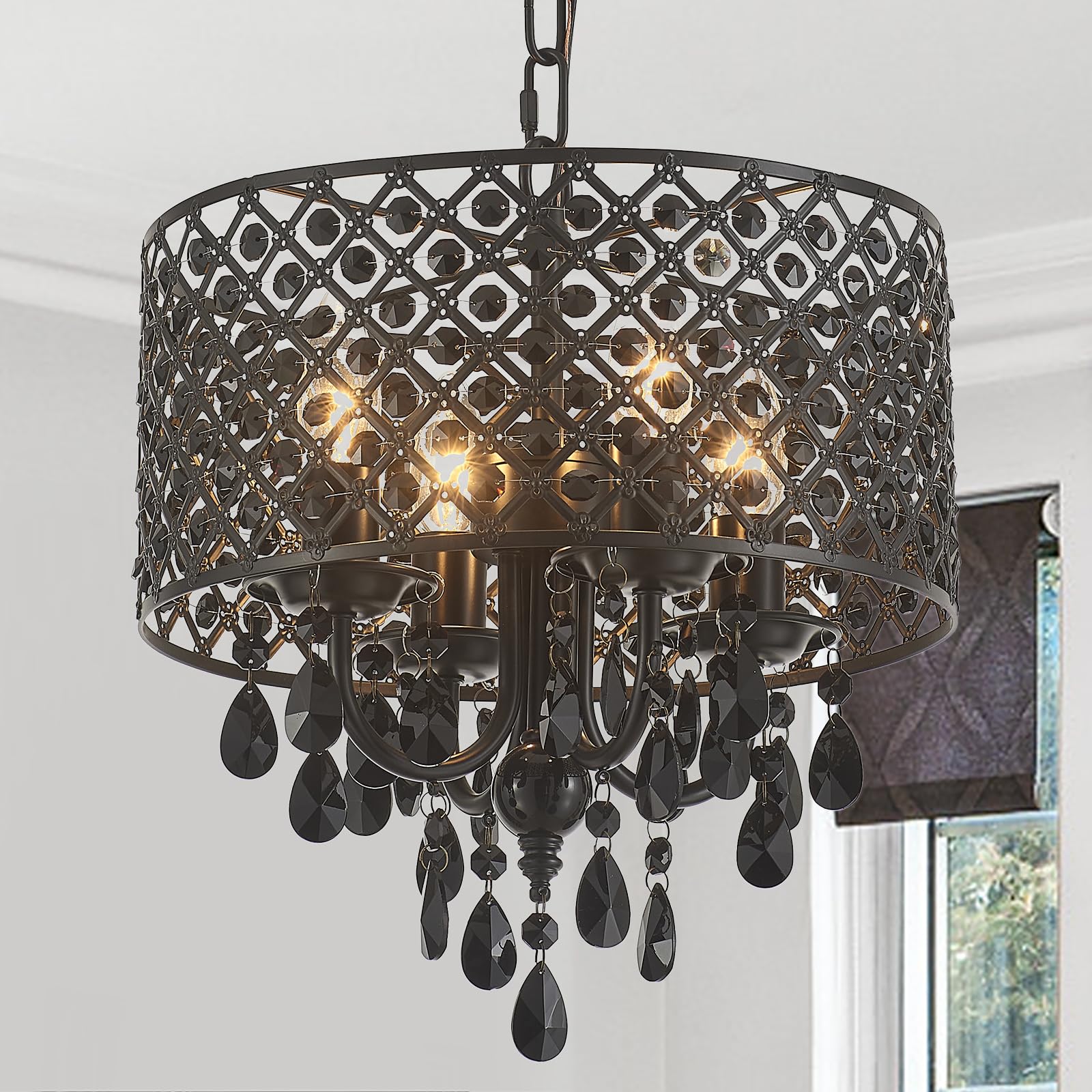 Viluxy Crystal Chandelier For Dining Room Black Smoke Ceiling Pendant Lighting Modern Crystal Hanging Light Fixture Small Drum C