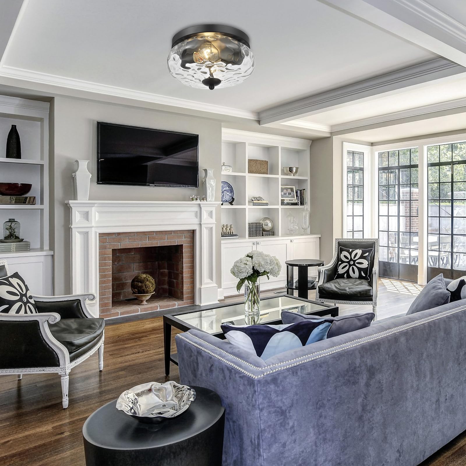 Darkaway Flush Mount Ceiling Light Fixture, Water Ripple Glass Shade, 11 inch, Metal, Black Finish, Model 6T1F, Indoor/Outdoor Use