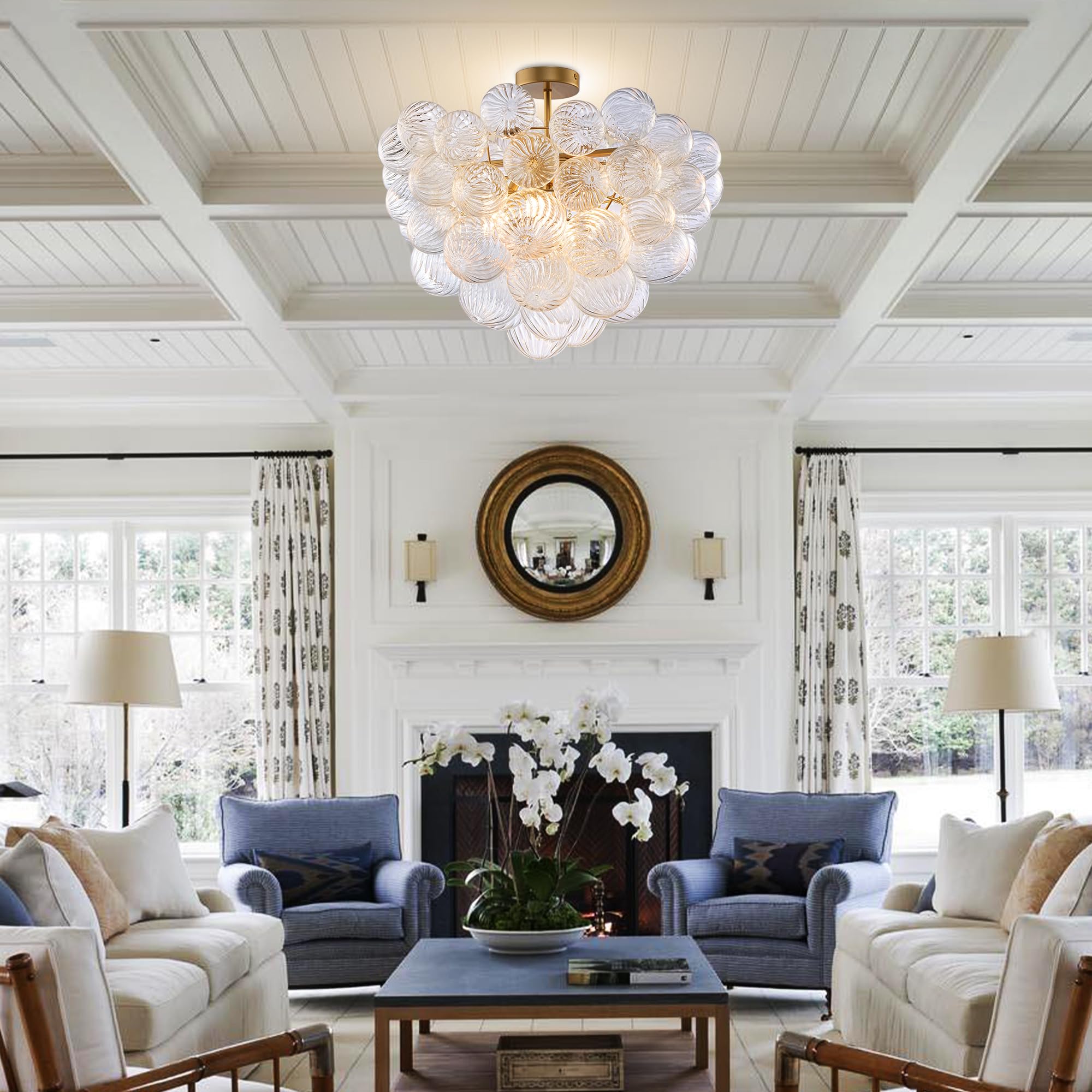 Longree Nordic Bubble Ball Swirled Glass Ceiling Lights Fixture, Dia 24 Inch Gild Brass And Clear Blown Glass Small Chandelier F